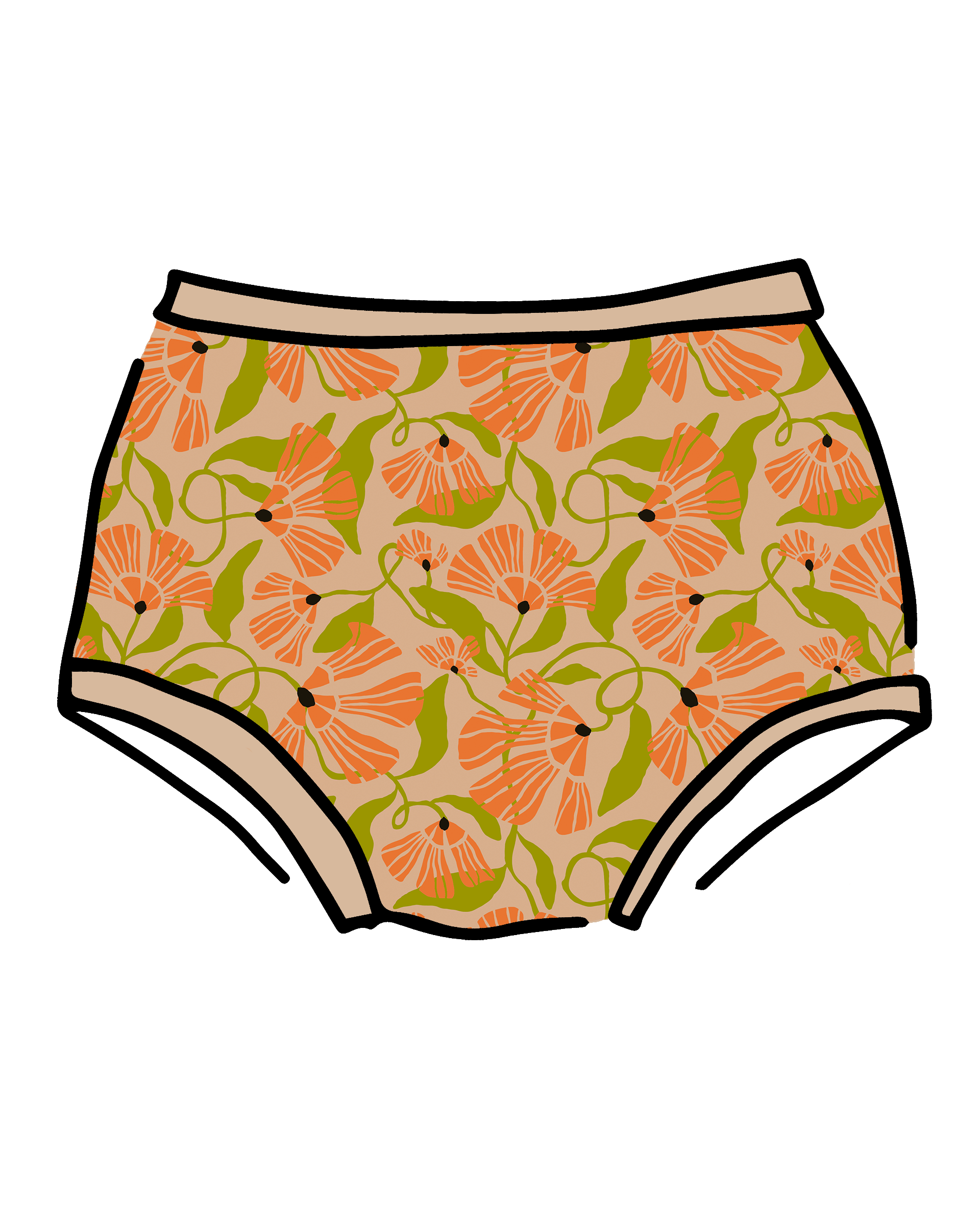 Drawing of Thunderpants Original style underwear in Secret Garden print - orange flowers and green leaves.