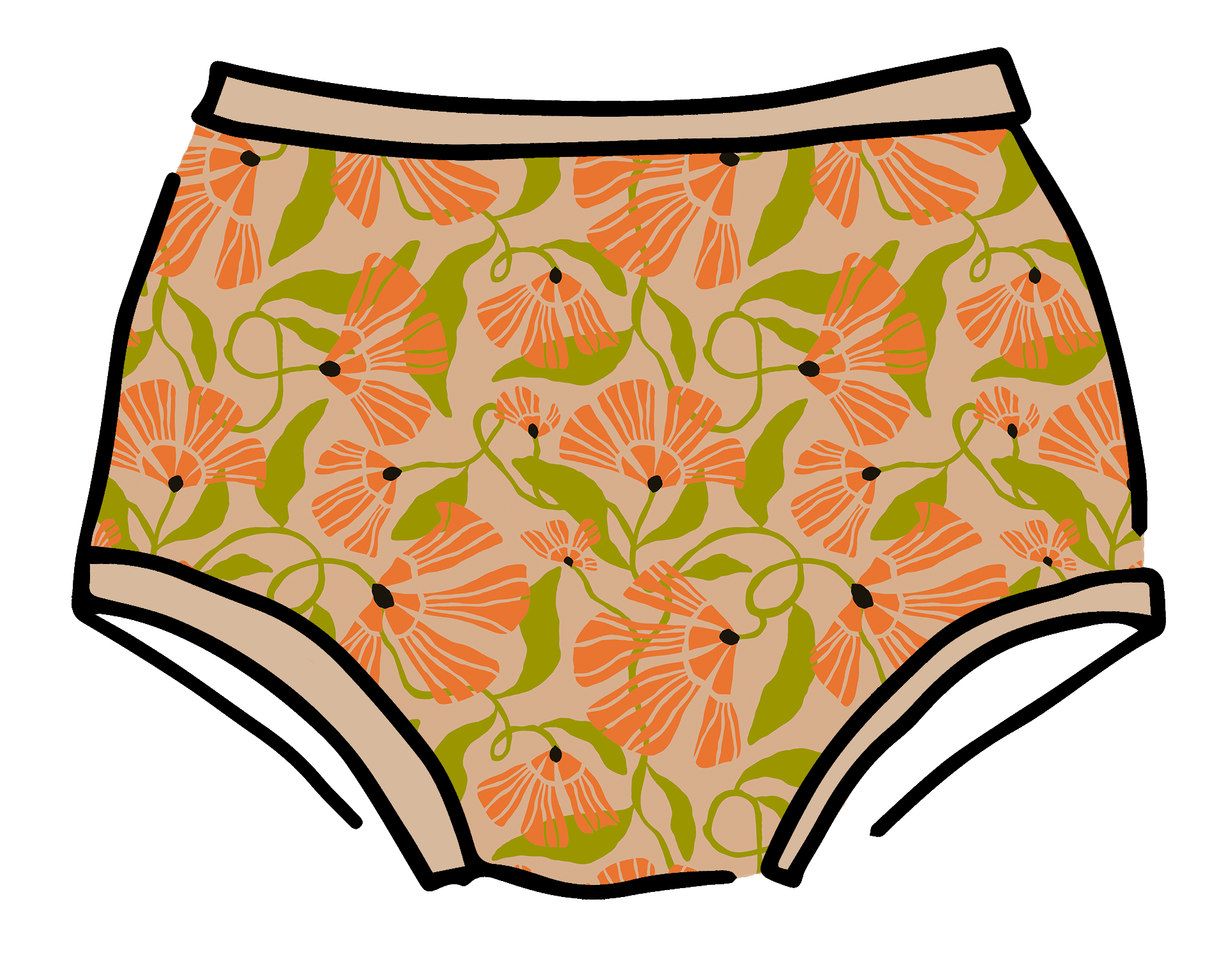 Drawing of Thunderpants Original style underwear in Secret Garden print - orange flowers and green leaves.