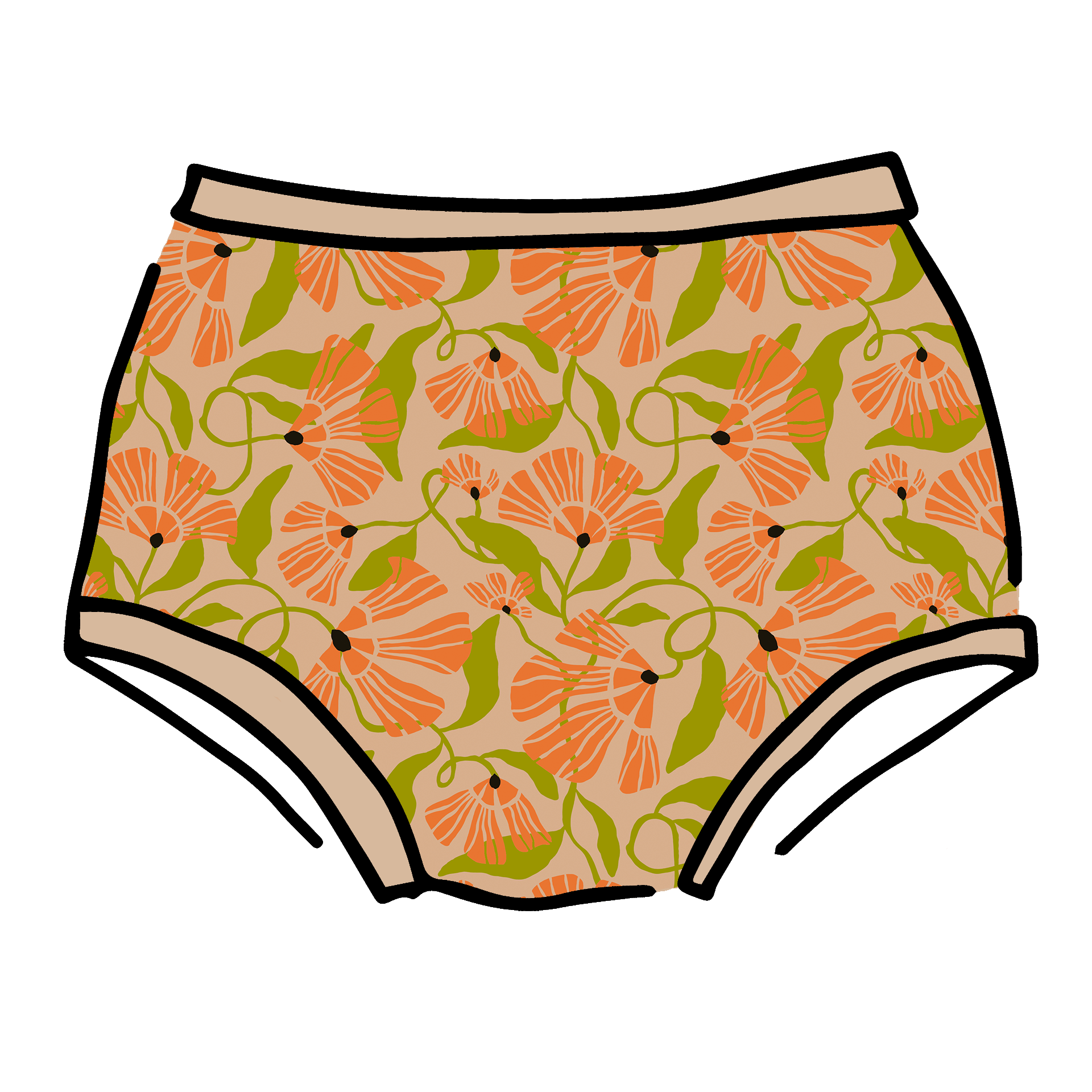 Drawing of Thunderpants Original style underwear in Secret Garden print - orange flowers and green leaves.