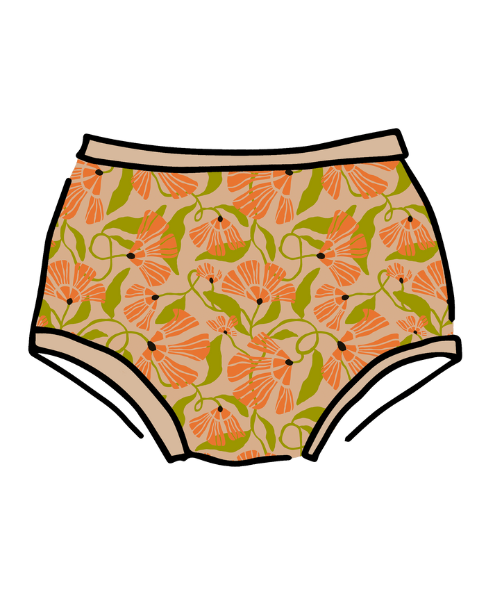 Drawing of Thunderpants Original style underwear in Secret Garden print - orange flowers and green leaves.