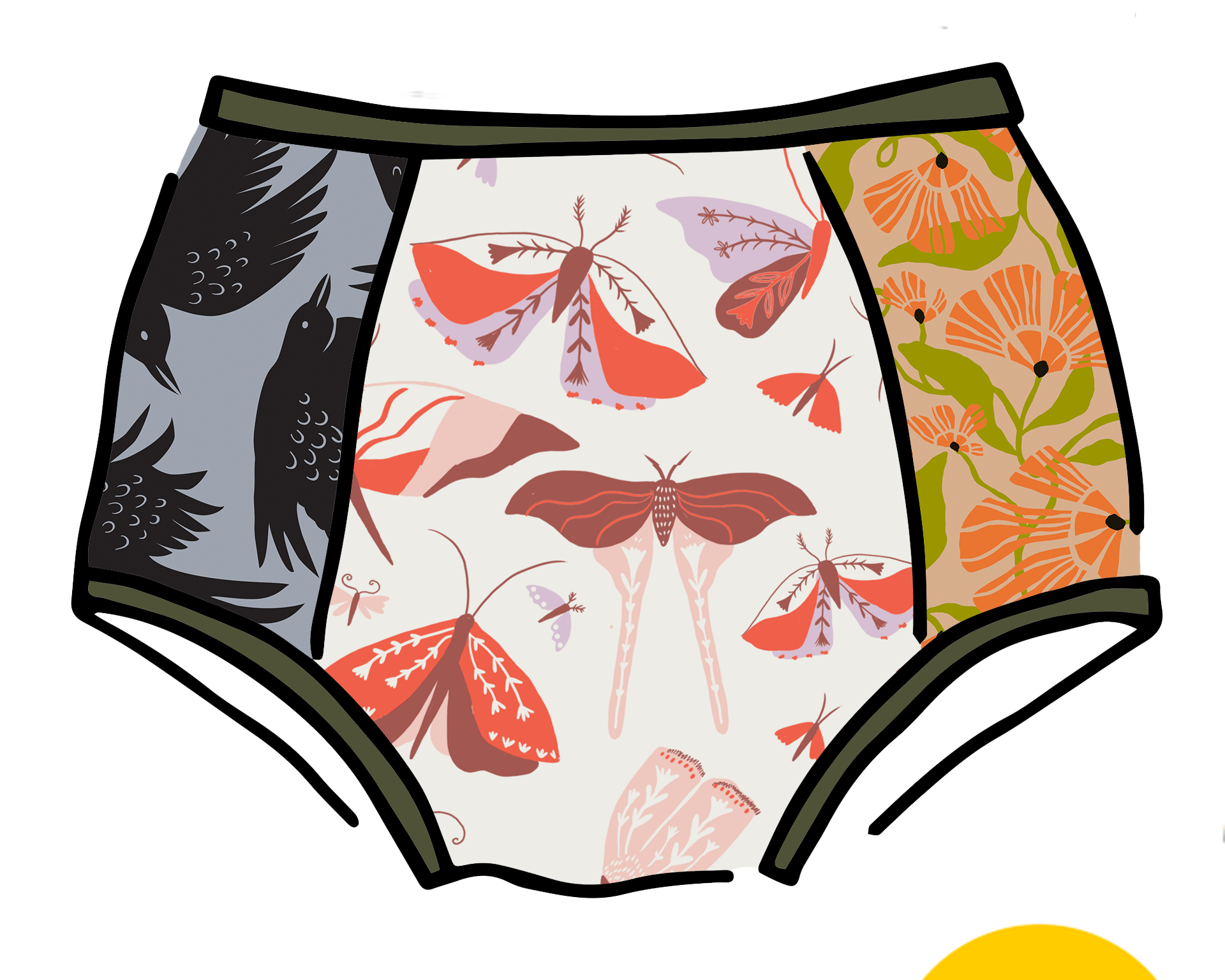 Drawing of Thunderpants Original Panel Pant style underwear with various prints and colors.