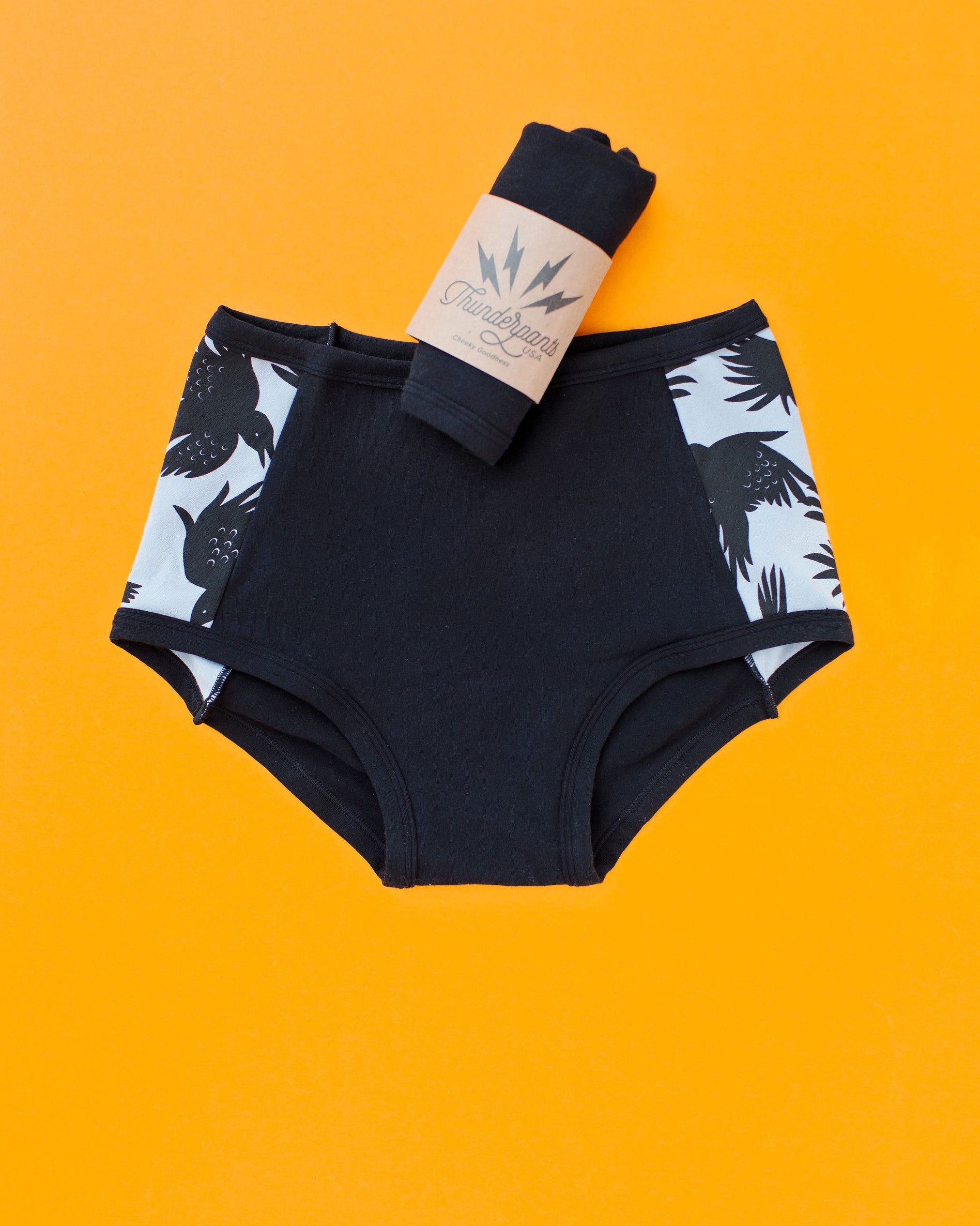 Flat lay of Thudnerpants Original Panel Pants style underwear in So it Crows - black crows with grey background one the sides and black on front and back. 