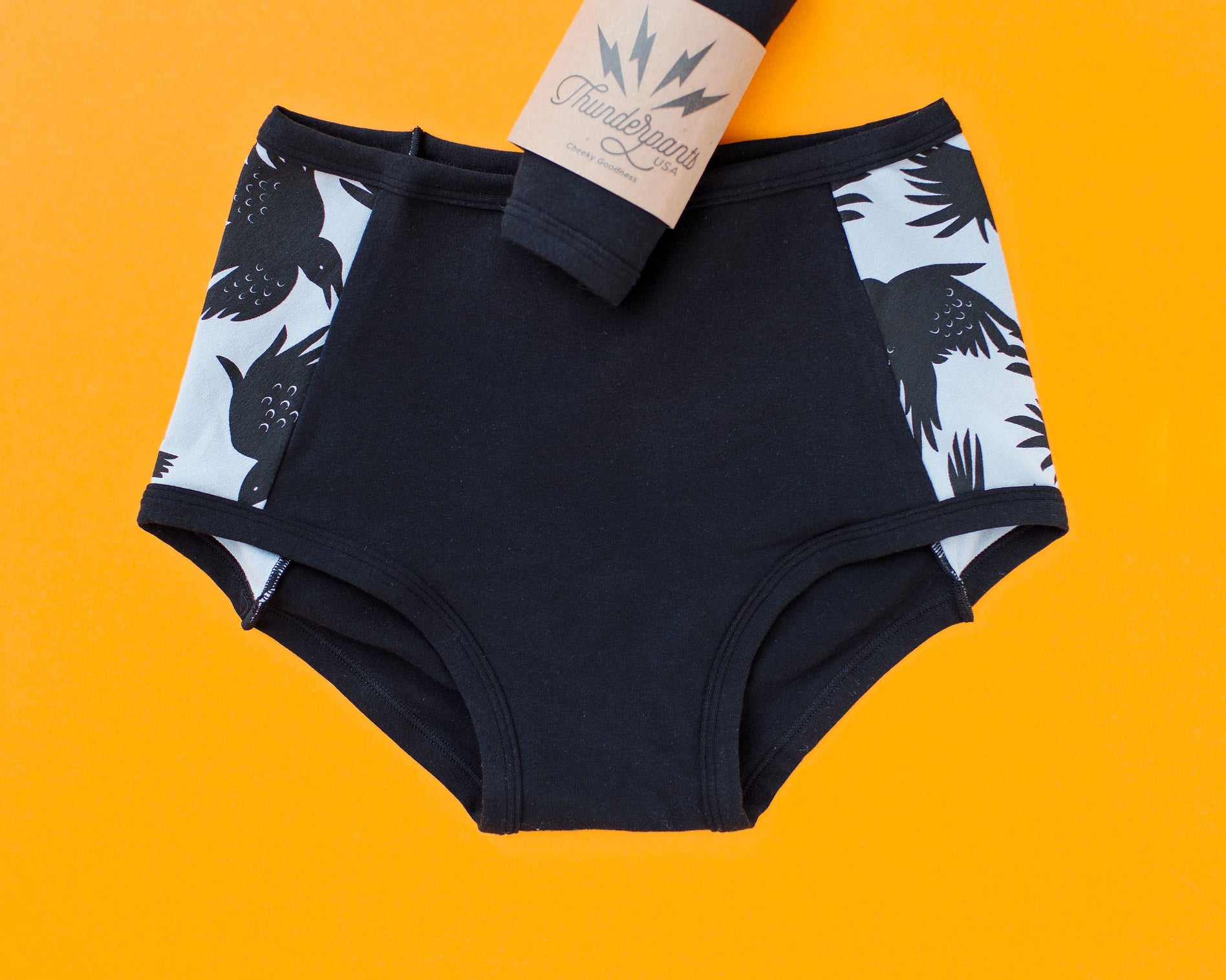Flat lay of Thudnerpants Original Panel Pants style underwear in So it Crows - black crows with grey background one the sides and black on front and back. 