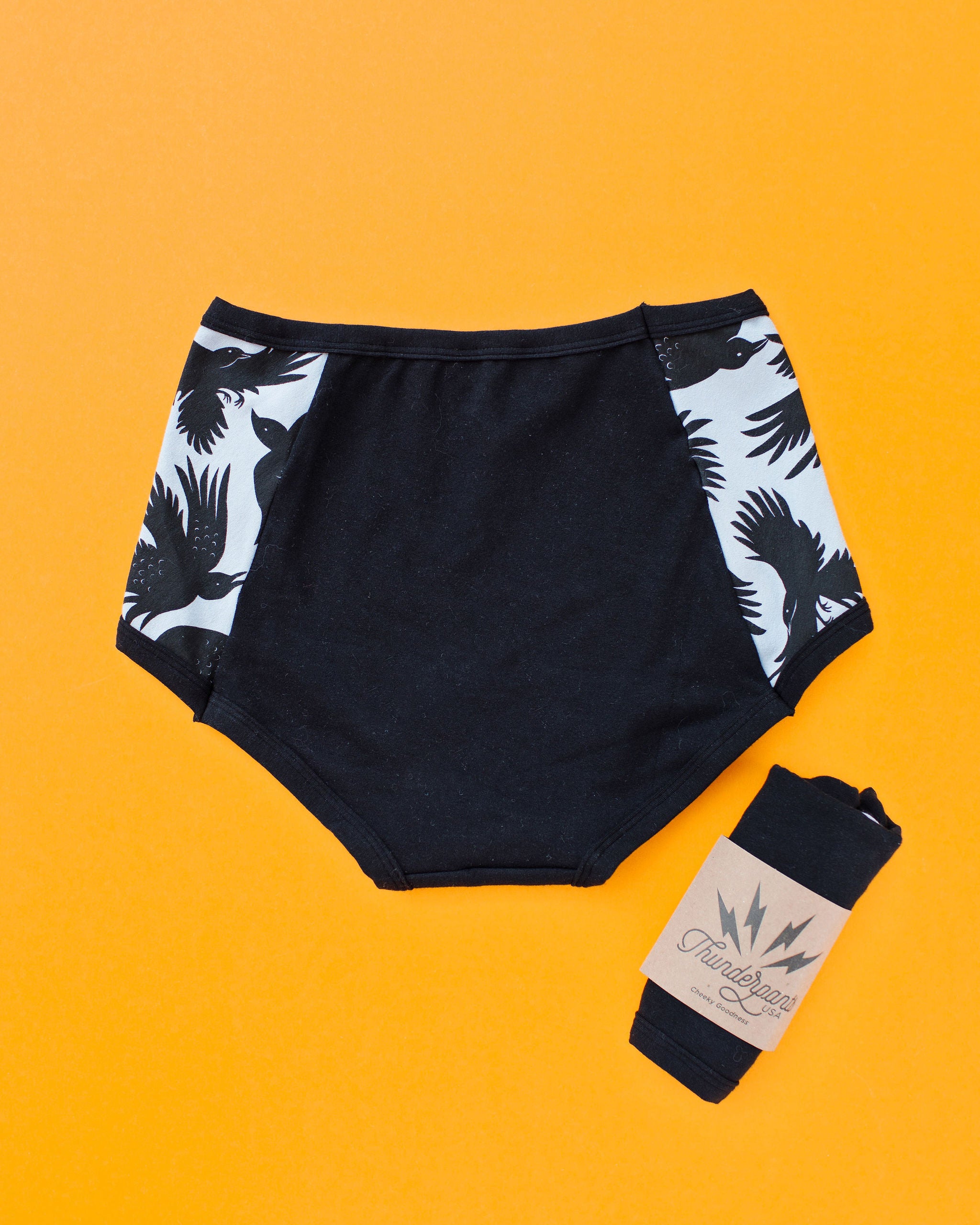 Lat lay of Thudnerpants Original Panel Pants style underwear in So it Crows - black crows with grey background one the sides and black on front and back. 