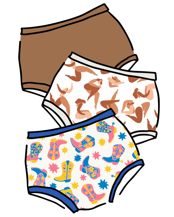 Drawing of three Thunderpants Original style underwear in Hazelnut, Bodies in Motion, and Boot Scootin'.