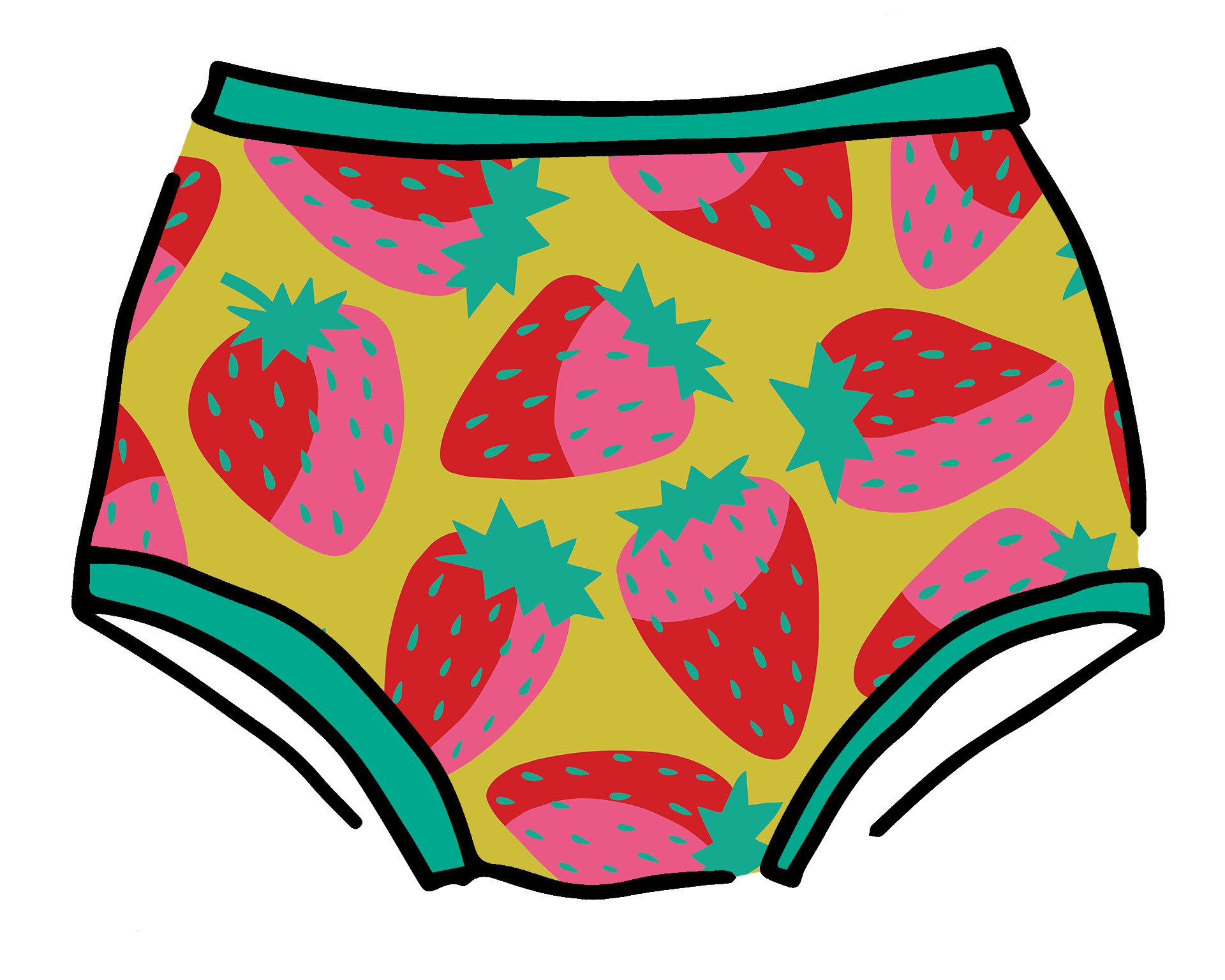 Drawing of Thunderpants Original style underwear in a Strawberry print - pink, red, and peacock green on chartreuse. 