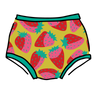 Drawing of Thunderpants Original style underwear in a Strawberry print - pink, red, and peacock green on chartreuse. 