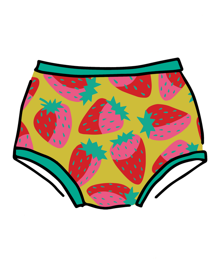 Drawing of Thunderpants Original style underwear in a Strawberry print - pink, red, and peacock green on chartreuse. 