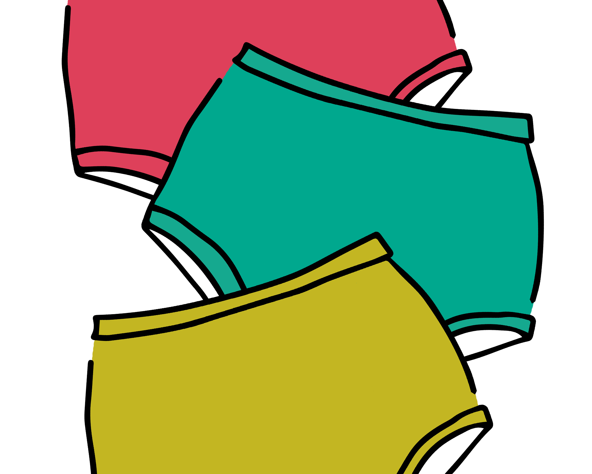Drawing of three Thunderpants Original style underwear in Pomegranate Punch, Peacock Green, and Star Fruit - the Summer Solids Three Pack.
