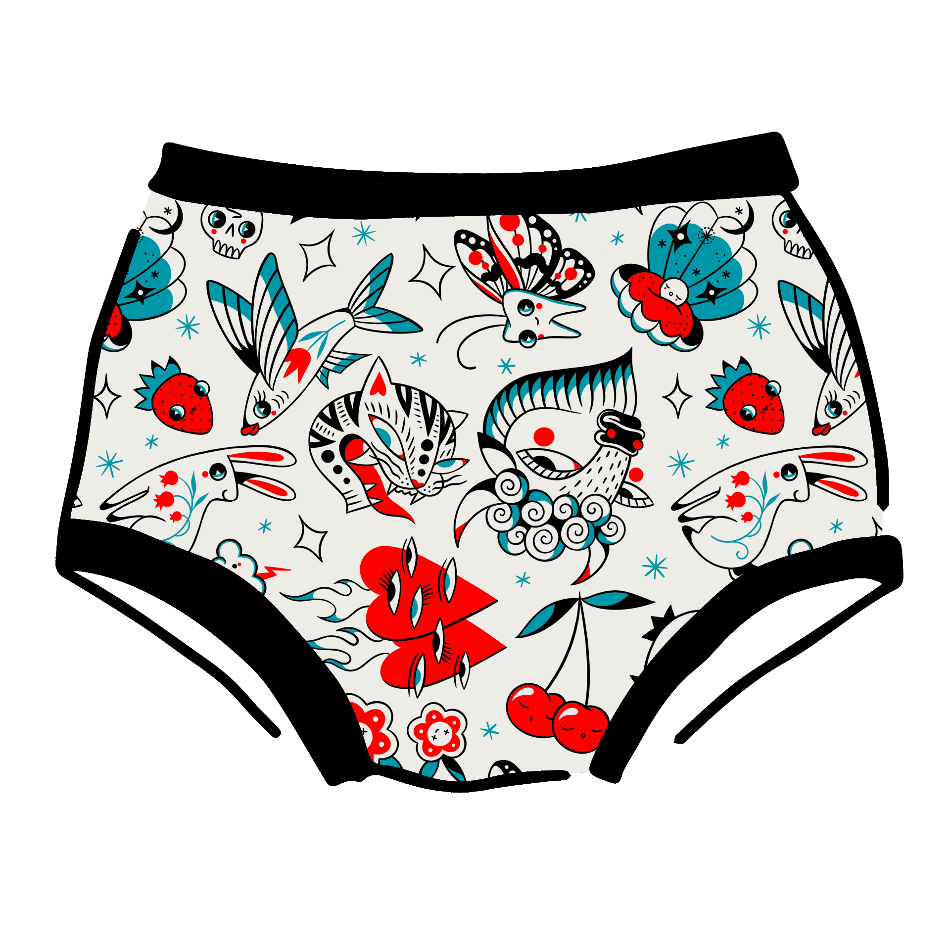 Drawing of Thunderpants Original style underwear in Inked Up - a tattoo pattern with black, red, and blue. 