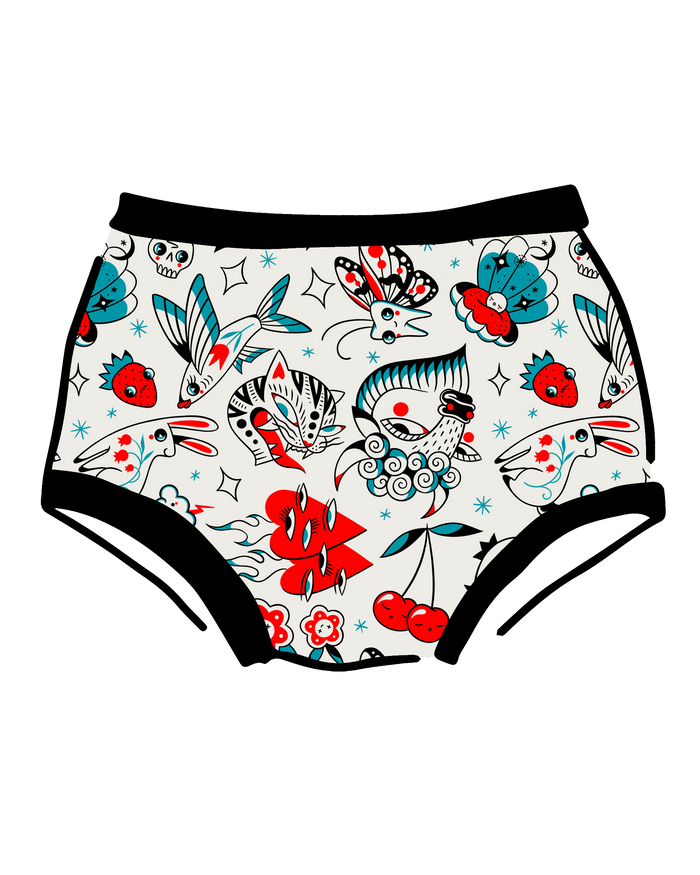 Drawing of Thunderpants Original style underwear in Inked Up - a tattoo pattern with black, red, and blue. 