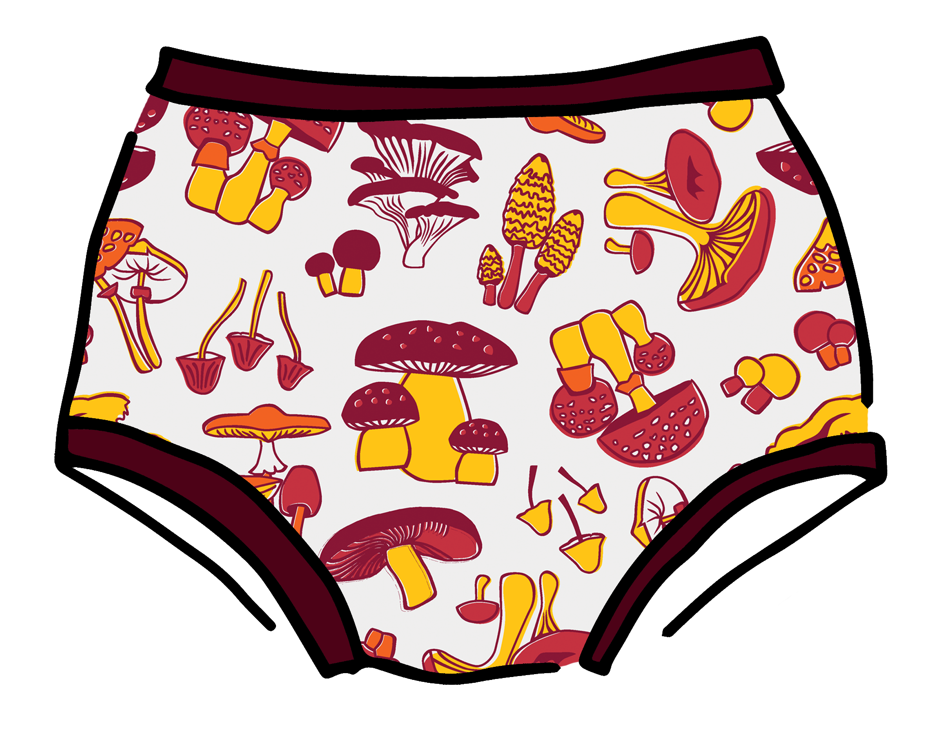 Drawing of Thunderpants Original style underwear in Whadda Fungi - red, orange, and yellow mushroom print.