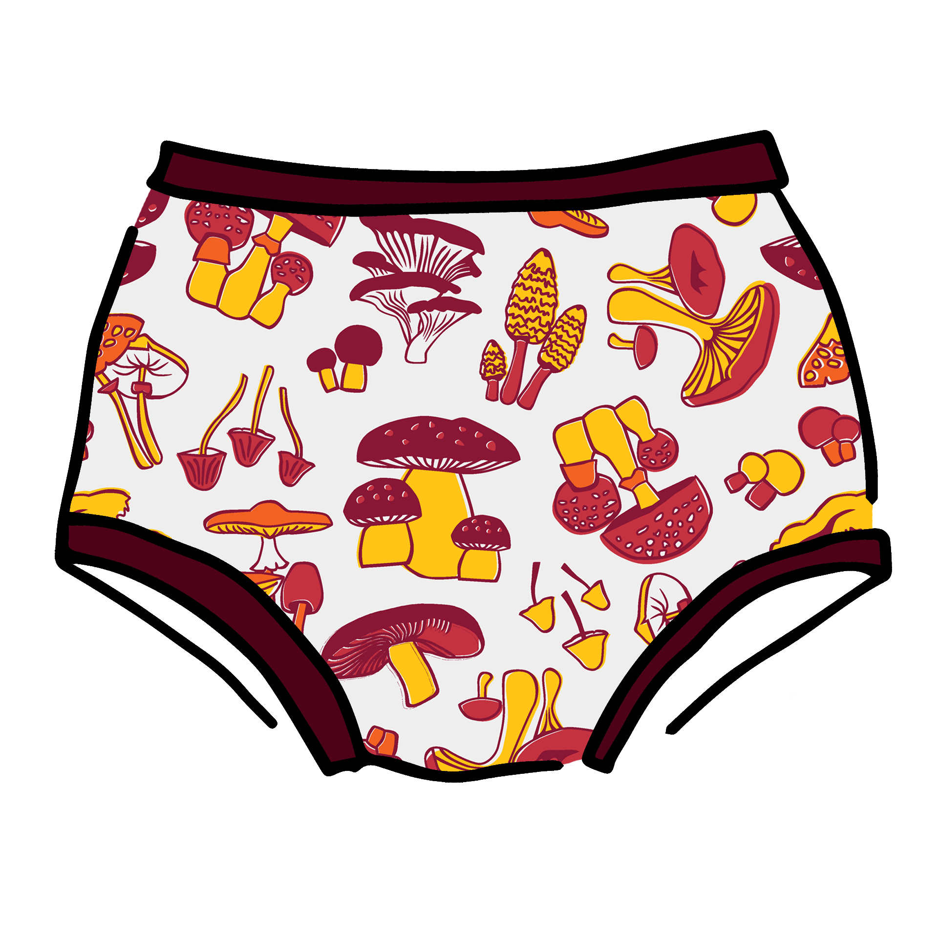 Drawing of Thunderpants Original style underwear in Whadda Fungi - red, orange, and yellow mushroom print.