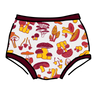 Drawing of Thunderpants Original style underwear in Whadda Fungi - red, orange, and yellow mushroom print.