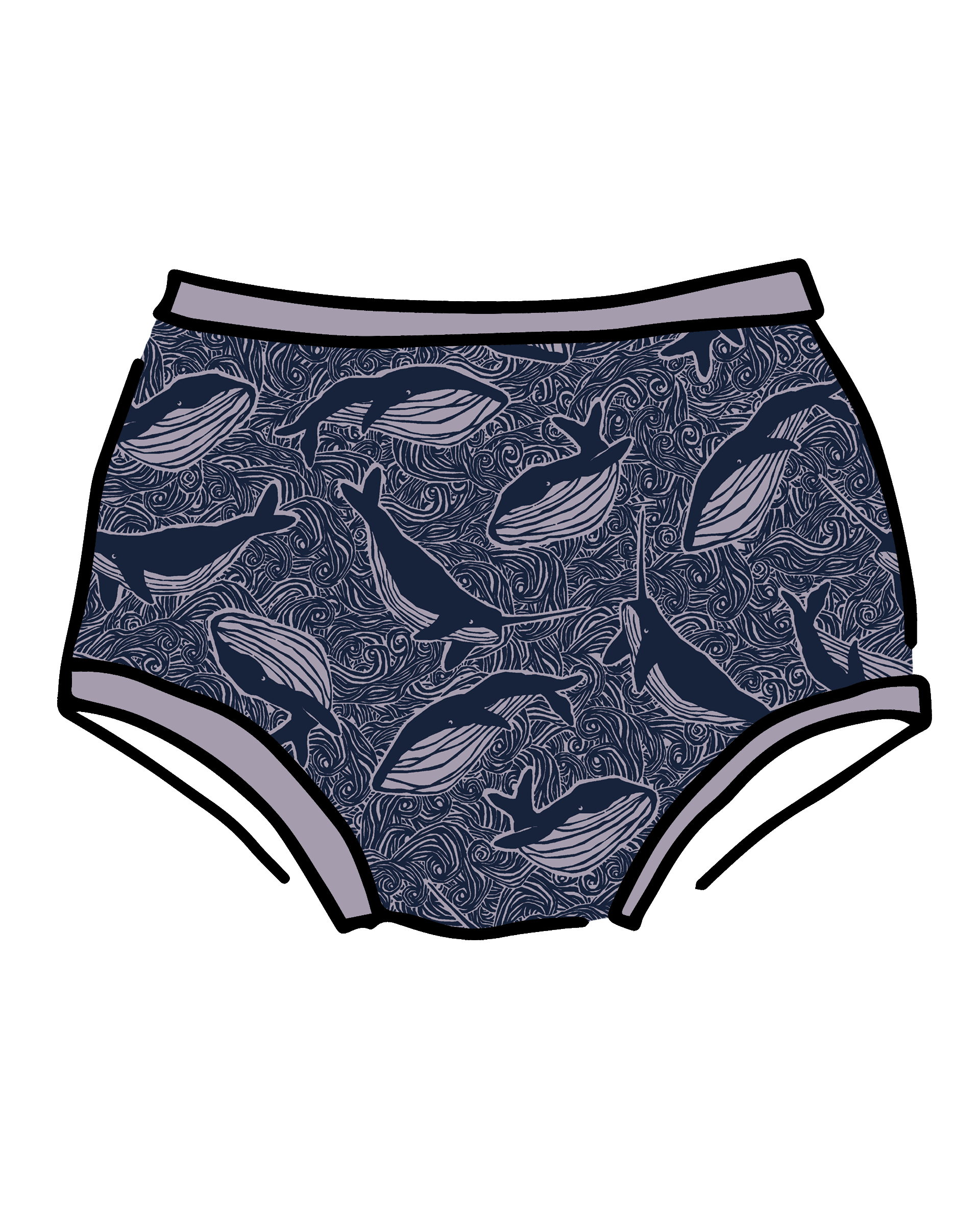 Drawing of Thunderpants Original style underwear in Whale, Whale, Whale print - indigo whales on lavender.