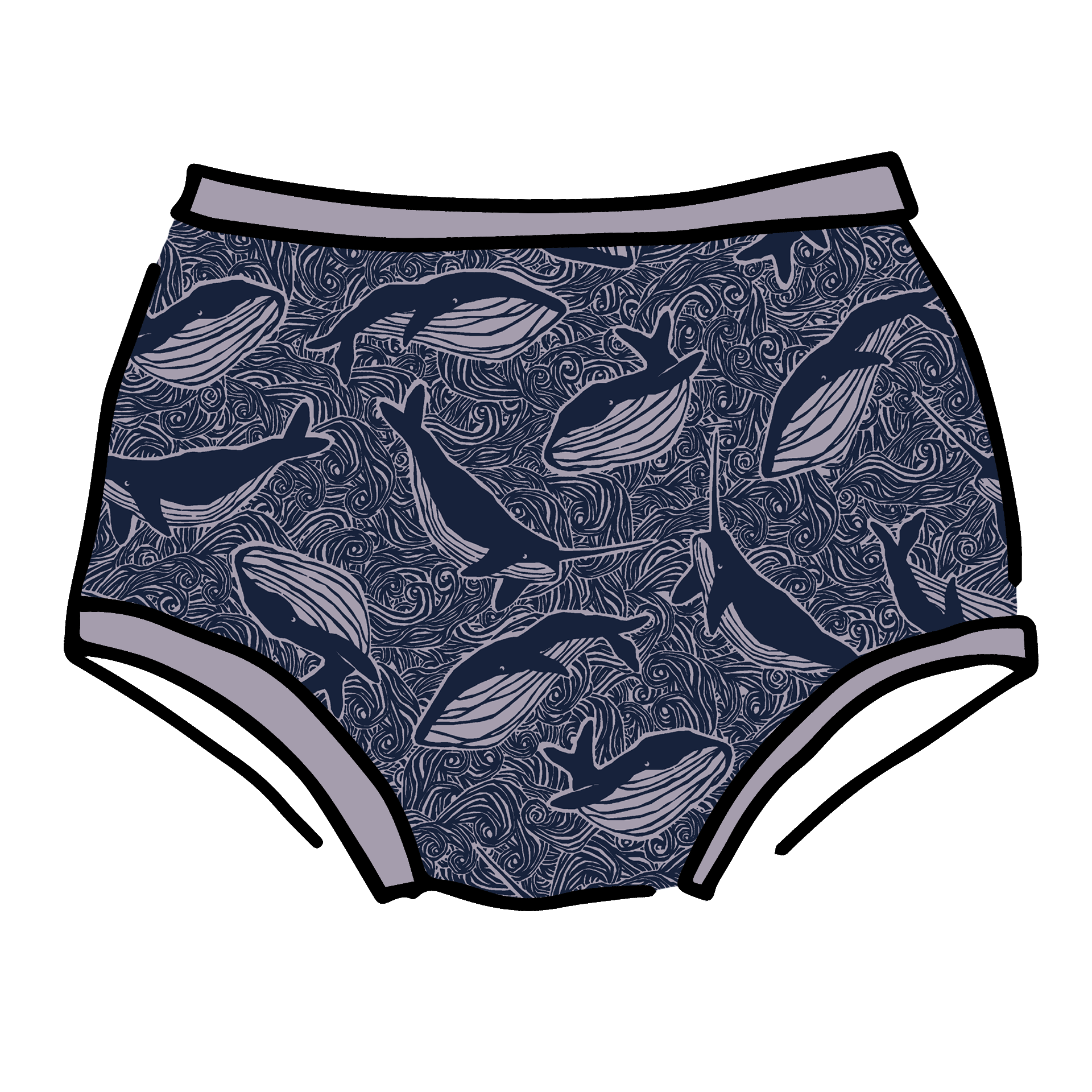 Drawing of Thunderpants Original style underwear in Whale, Whale, Whale print - indigo whales on lavender.