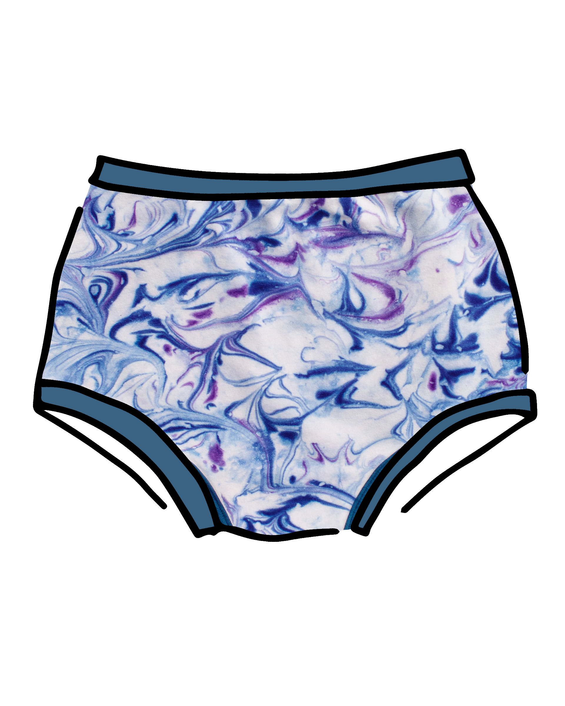 Drawing of Thunderpants Original style underwear in Winter Blues Marble dye - different blues and purples swirled to look like marble. 