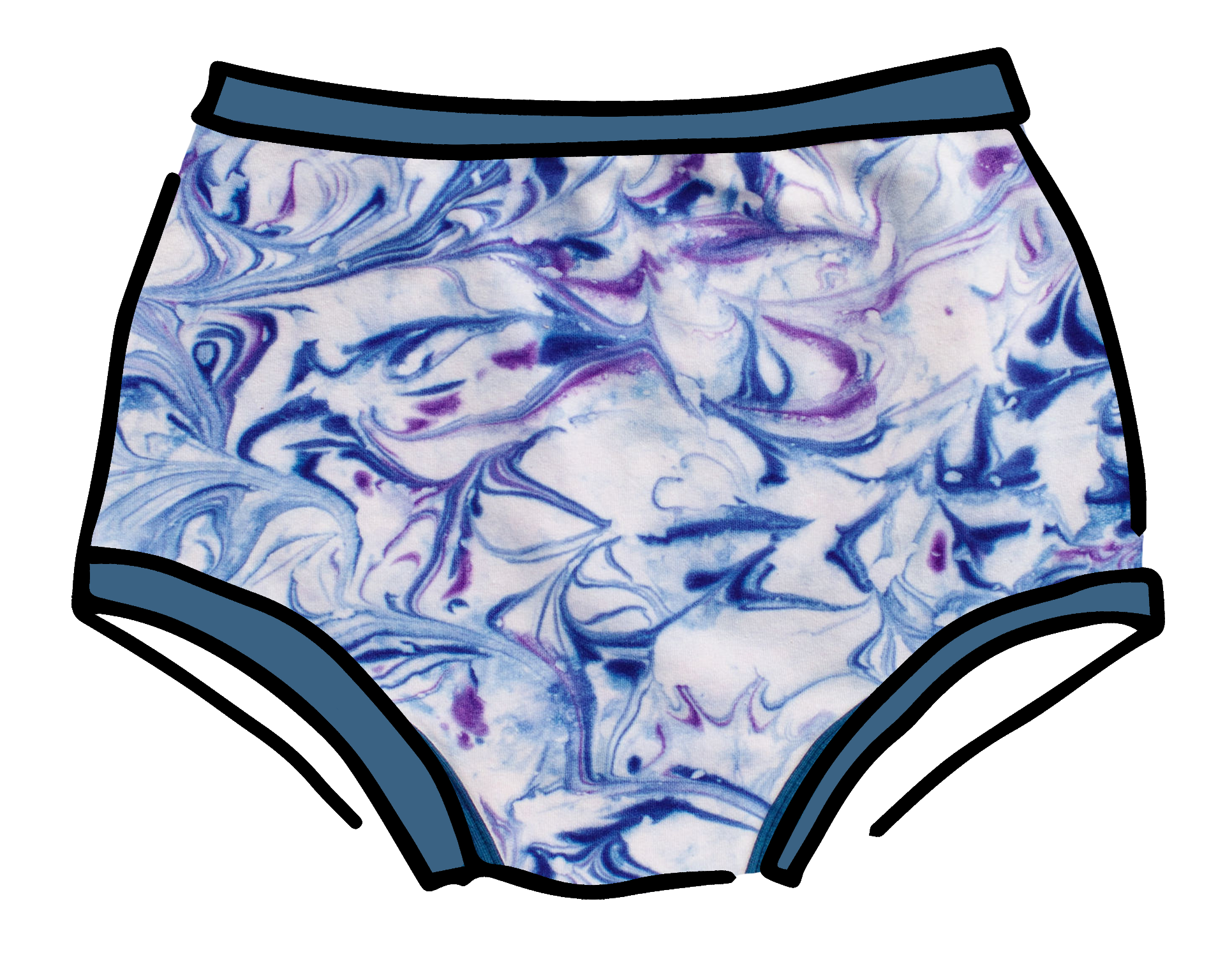 Drawing of Thunderpants Original style underwear in Winter Blues Marble dye - different blues and purples swirled to look like marble. 