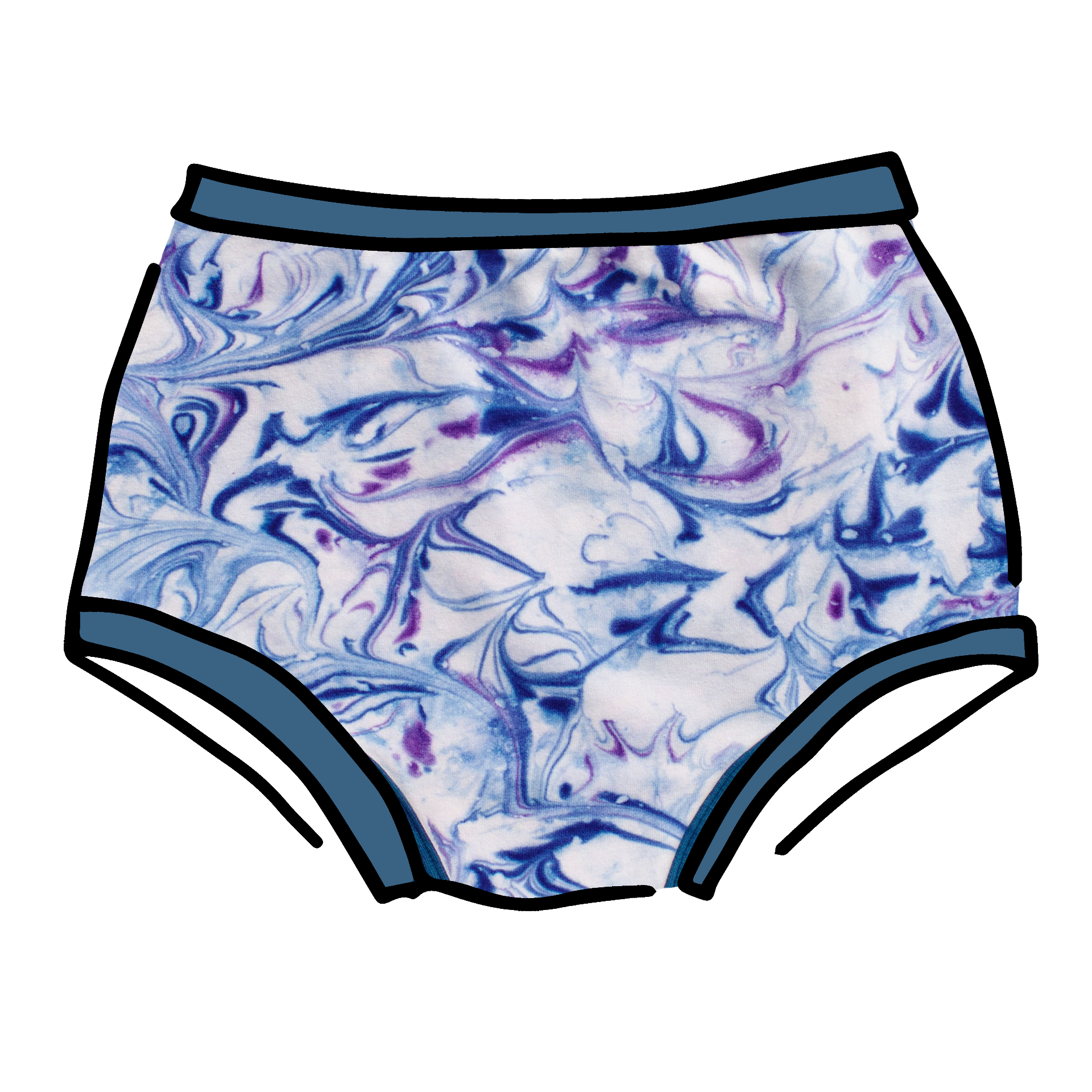 Drawing of Thunderpants Original style underwear in Winter Blues Marble dye - different blues and purples swirled to look like marble. 