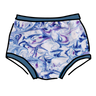 Drawing of Thunderpants Original style underwear in Winter Blues Marble dye - different blues and purples swirled to look like marble. 