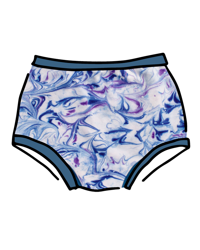 Drawing of Thunderpants Original style underwear in Winter Blues Marble dye - different blues and purples swirled to look like marble. 