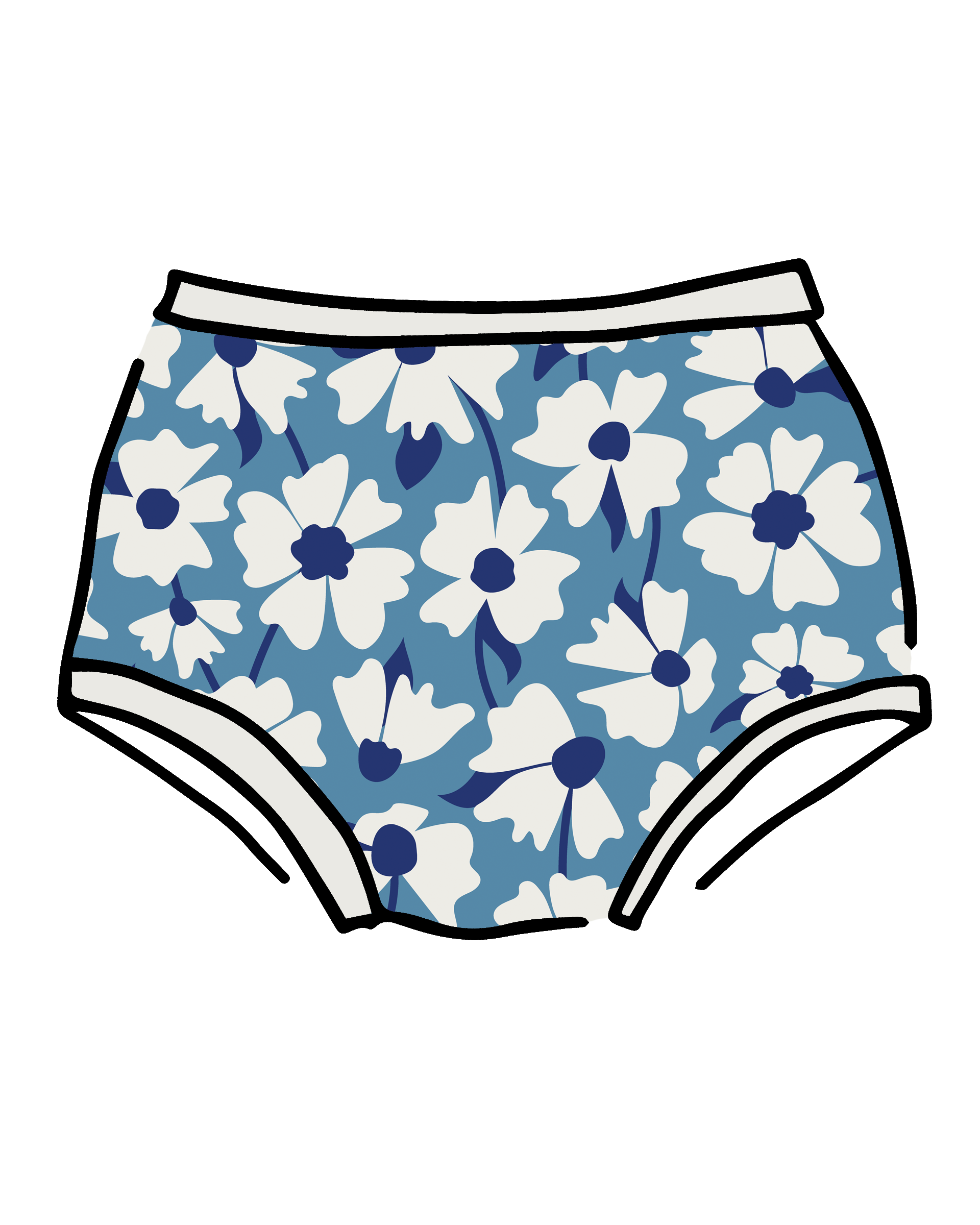 Drawing of Thunderpants Original style underwear in Moody Blooms - white and blue flowers with blue background.
