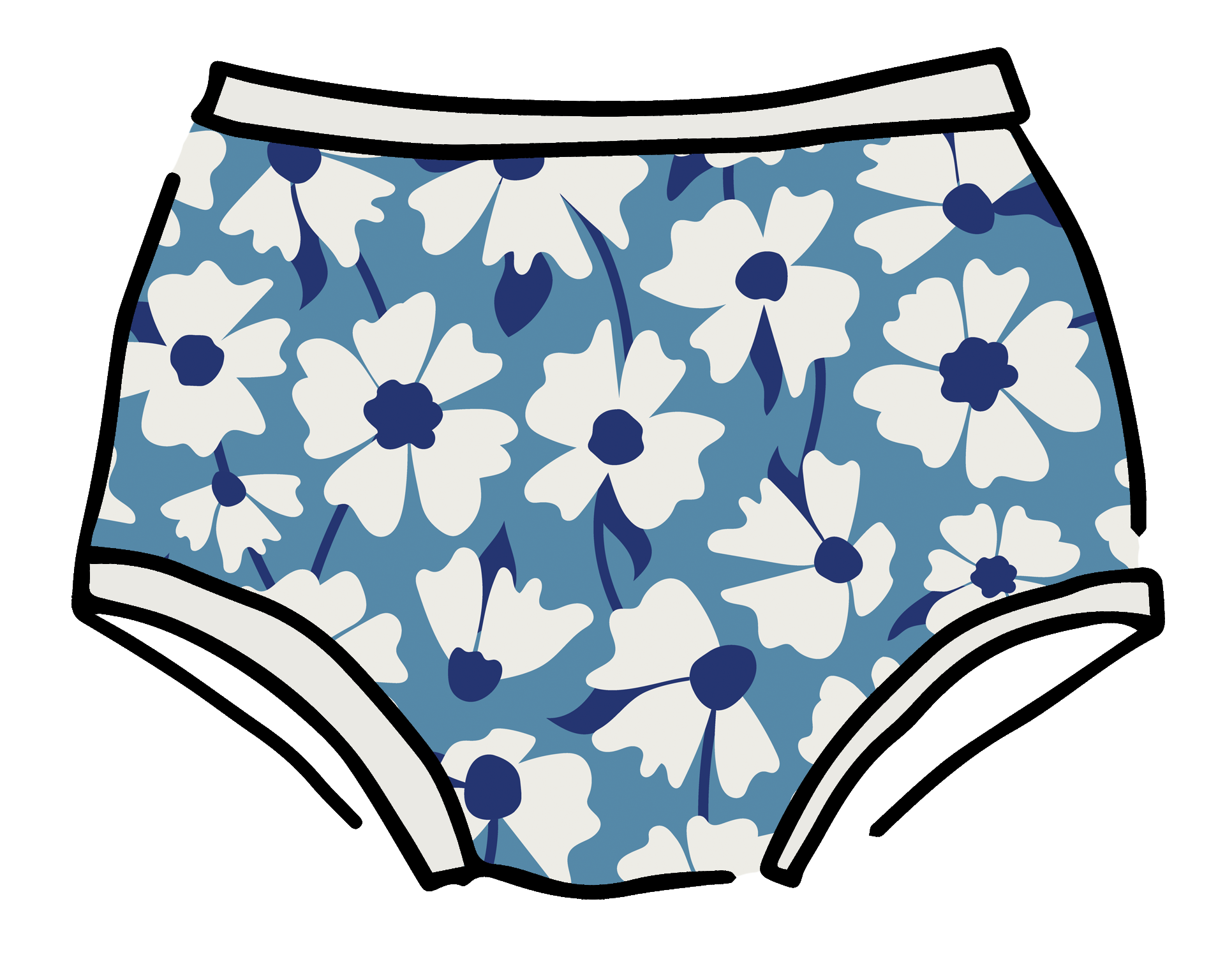Drawing of Thunderpants Original style underwear in Moody Blooms - white and blue flowers with blue background.