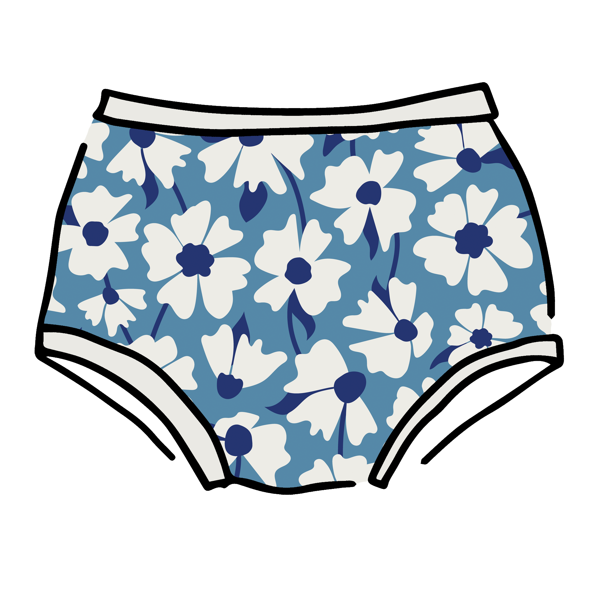 Drawing of Thunderpants Original style underwear in Moody Blooms - white and blue flowers with blue background.
