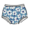 Drawing of Thunderpants Original style underwear in Moody Blooms - white and blue flowers with blue background.