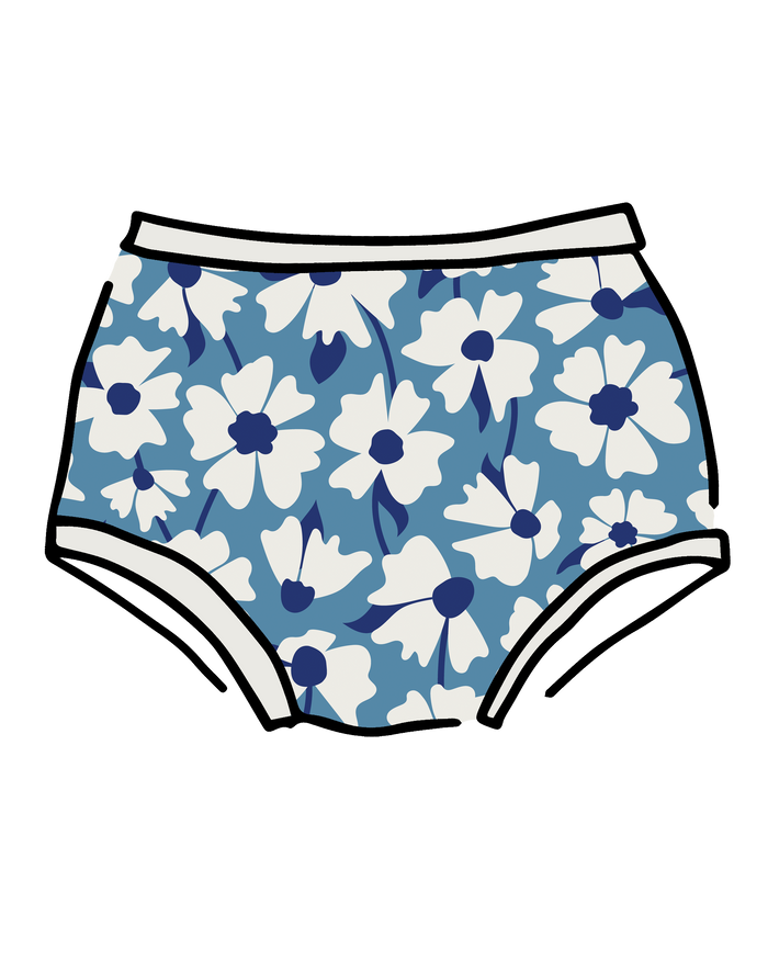 Drawing of Thunderpants Original style underwear in Moody Blooms - white and blue flowers with blue background.