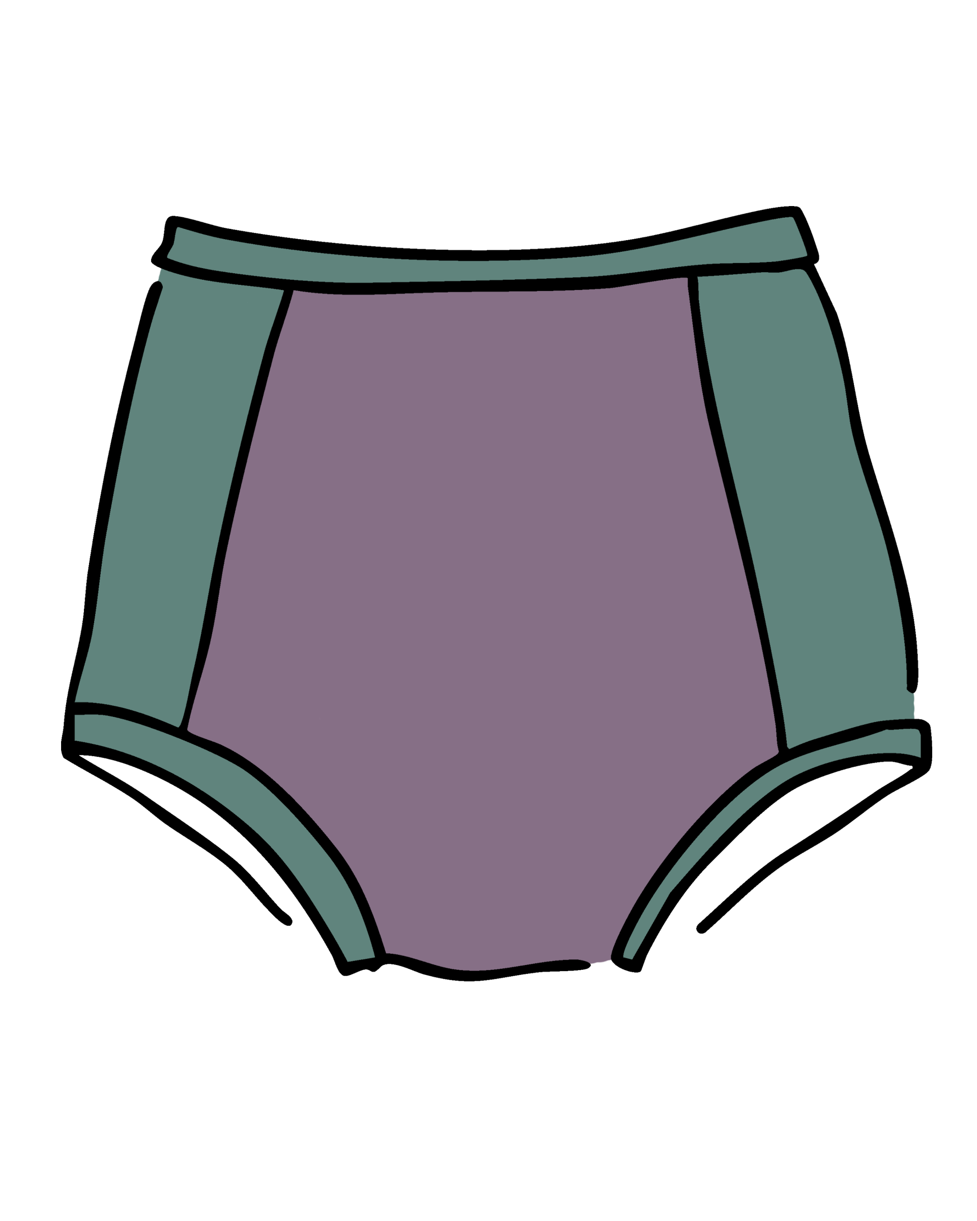 Drawing of Swimwear Sky Rise Panel Bottom in lavender and lichen green.