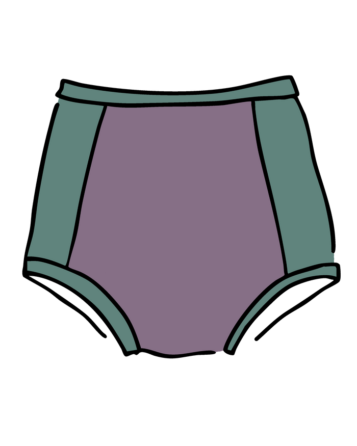 Drawing of Swimwear Sky Rise Panel Bottom in lavender and lichen green.