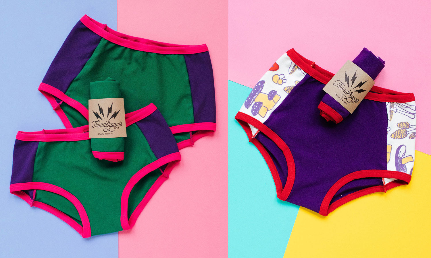 Flat lay of both Thunderpants Panel Pants Hipster and Original style underwear in 90s Dream and Mushroom Magic.