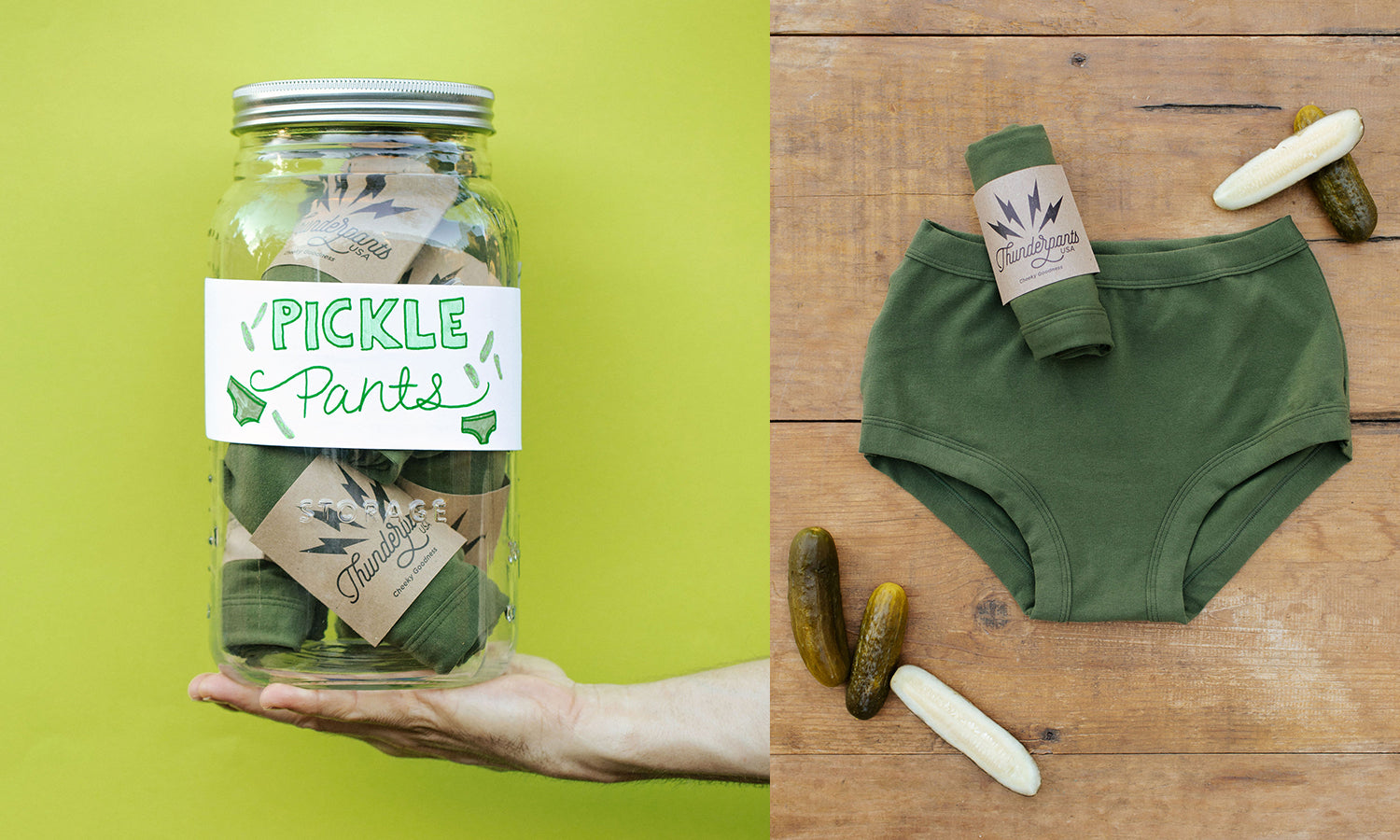 Jar of Thunderpants "pickles" and a flat lay of Thunderpants Original style underwear in the color Pickled Green.