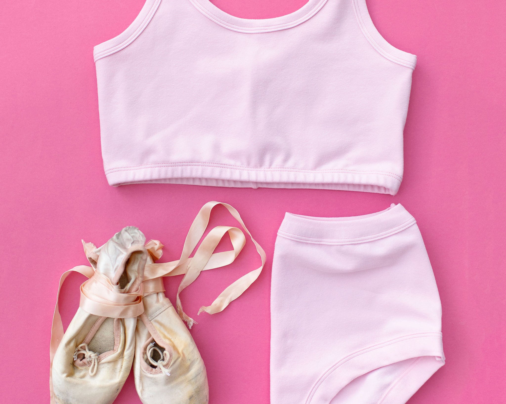 Flat lay of Thunderpants Longline Bra and Original style underwear in Plié Pink - light pink color.