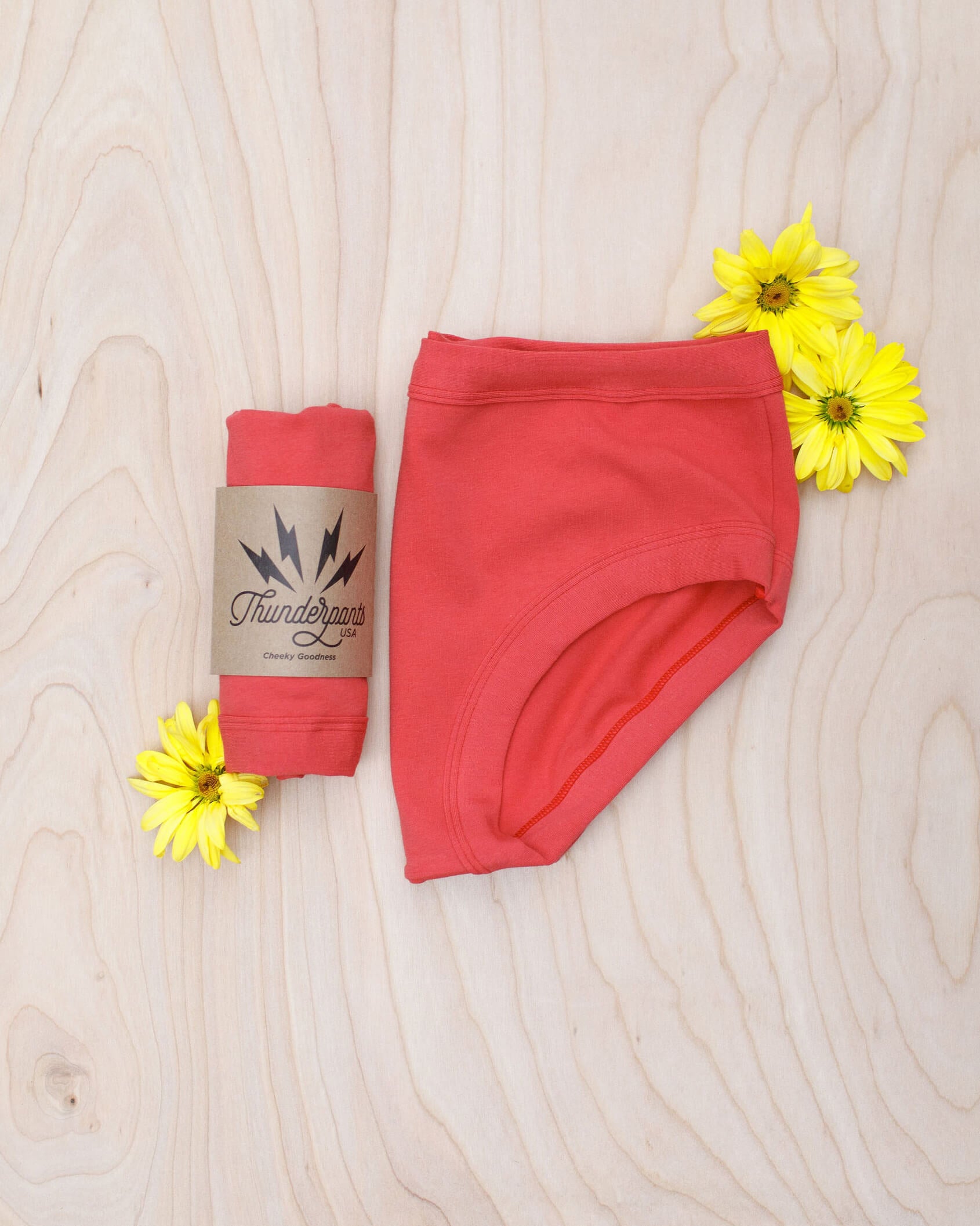 Flat lay of Thunderpants Hipster style underwear in Pomegranate Punch color.