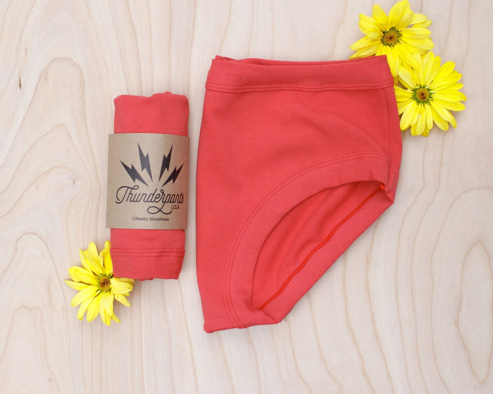 Flat lay of Thunderpants Hipster style underwear in Pomegranate Punch color.