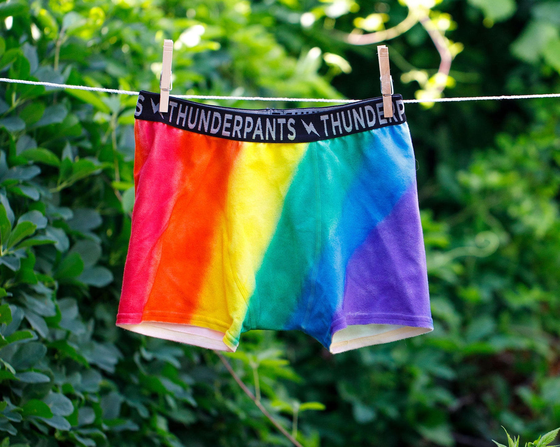 Thunderpants organic cotton Boxer Brief style underwear in hand painted rainbow stripes for Pride hanging on a clothes line in greenery.