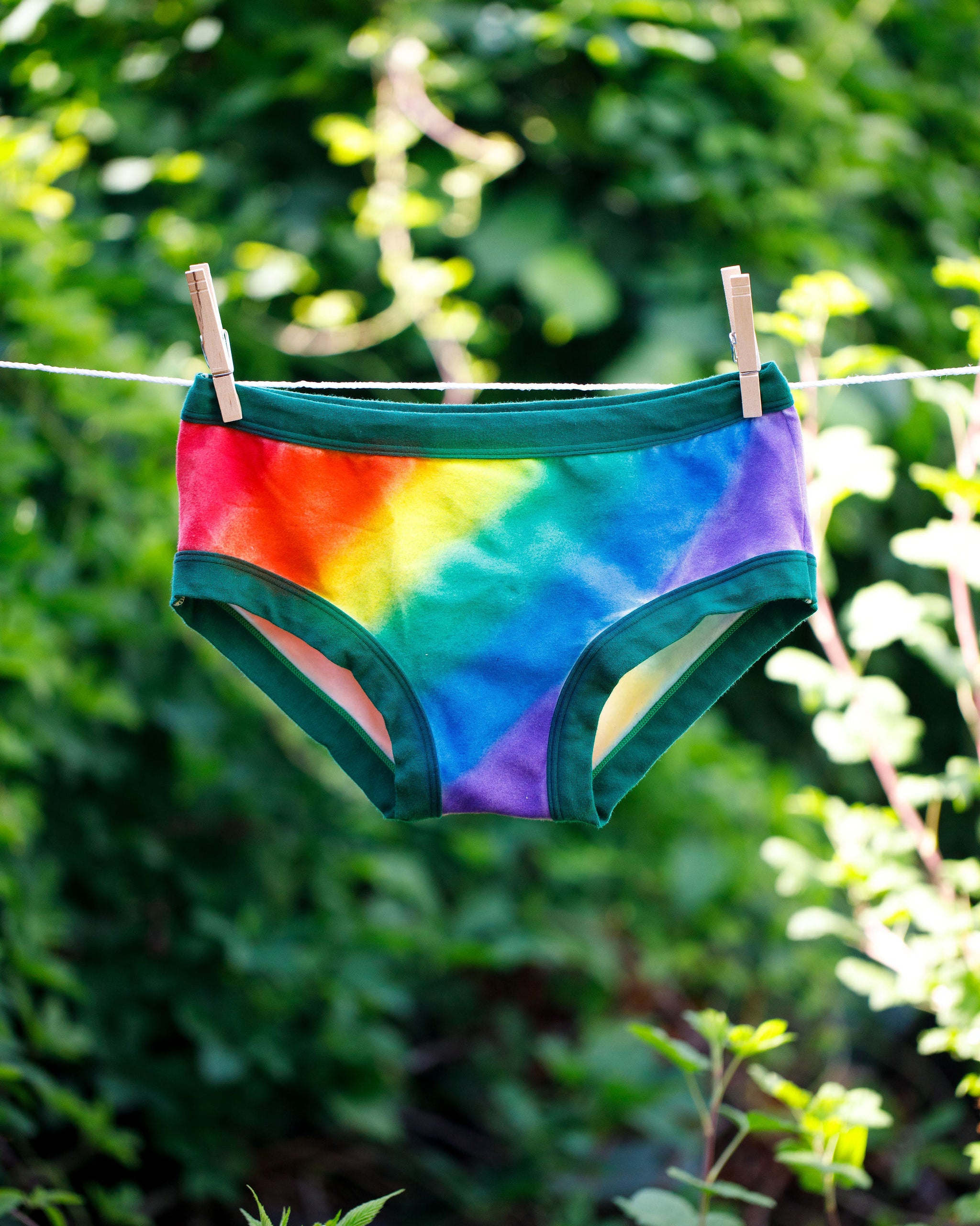 Thunderpants organic cotton Hipster style underwear in hand painted rainbow stripes for Pride hanging on a clothes line in greenery. 