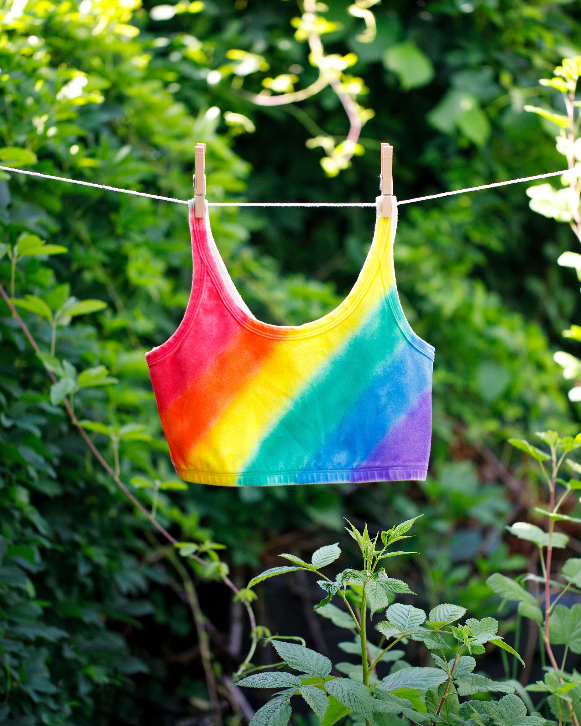 Thunderpants organic cotton Longline Bra in hand painted rainbow stripes for Pride hanging on a clothes line in greenery.