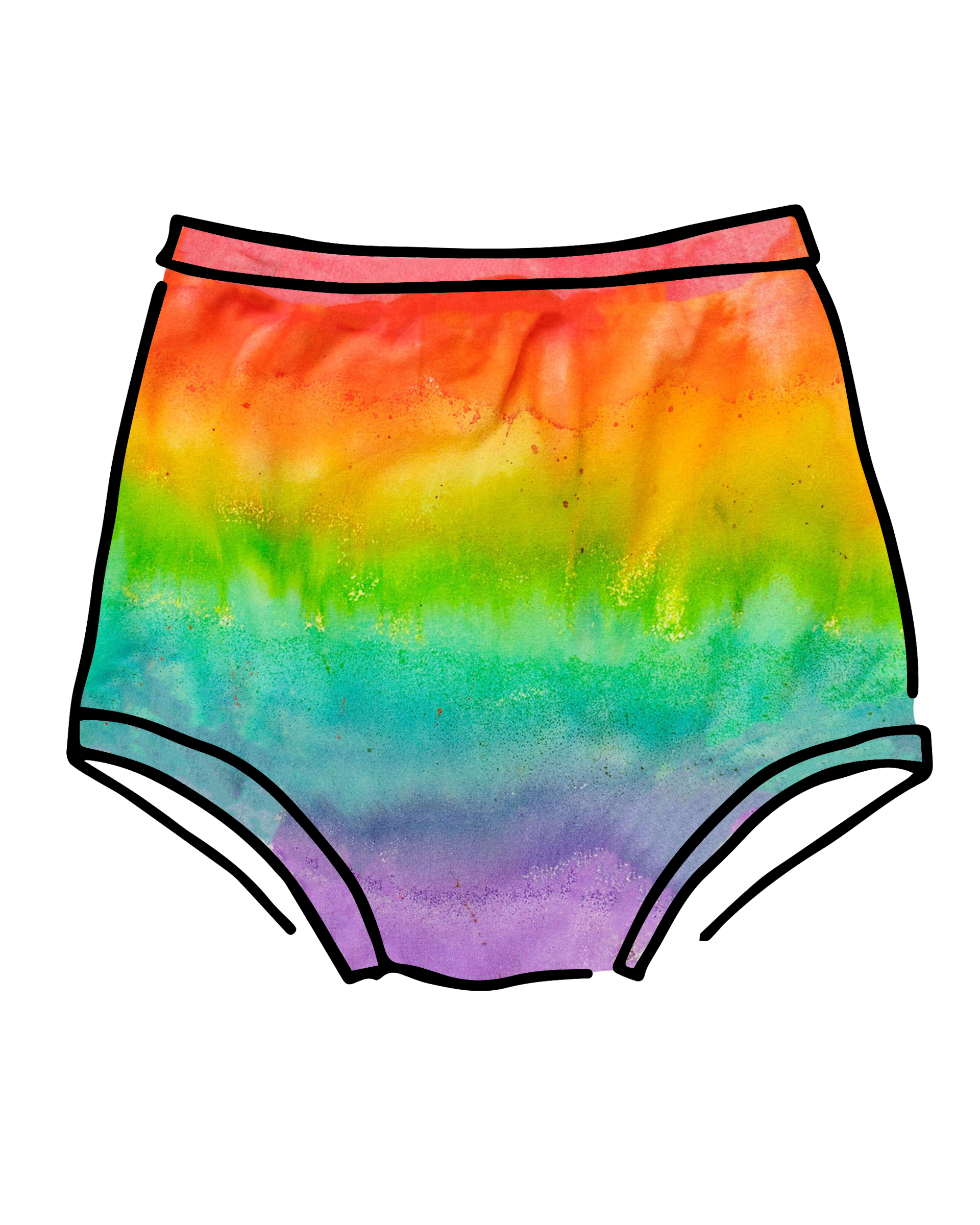 Drawing of Thunderpants Sky Rise style underwear in Rainbow Hand Dye.