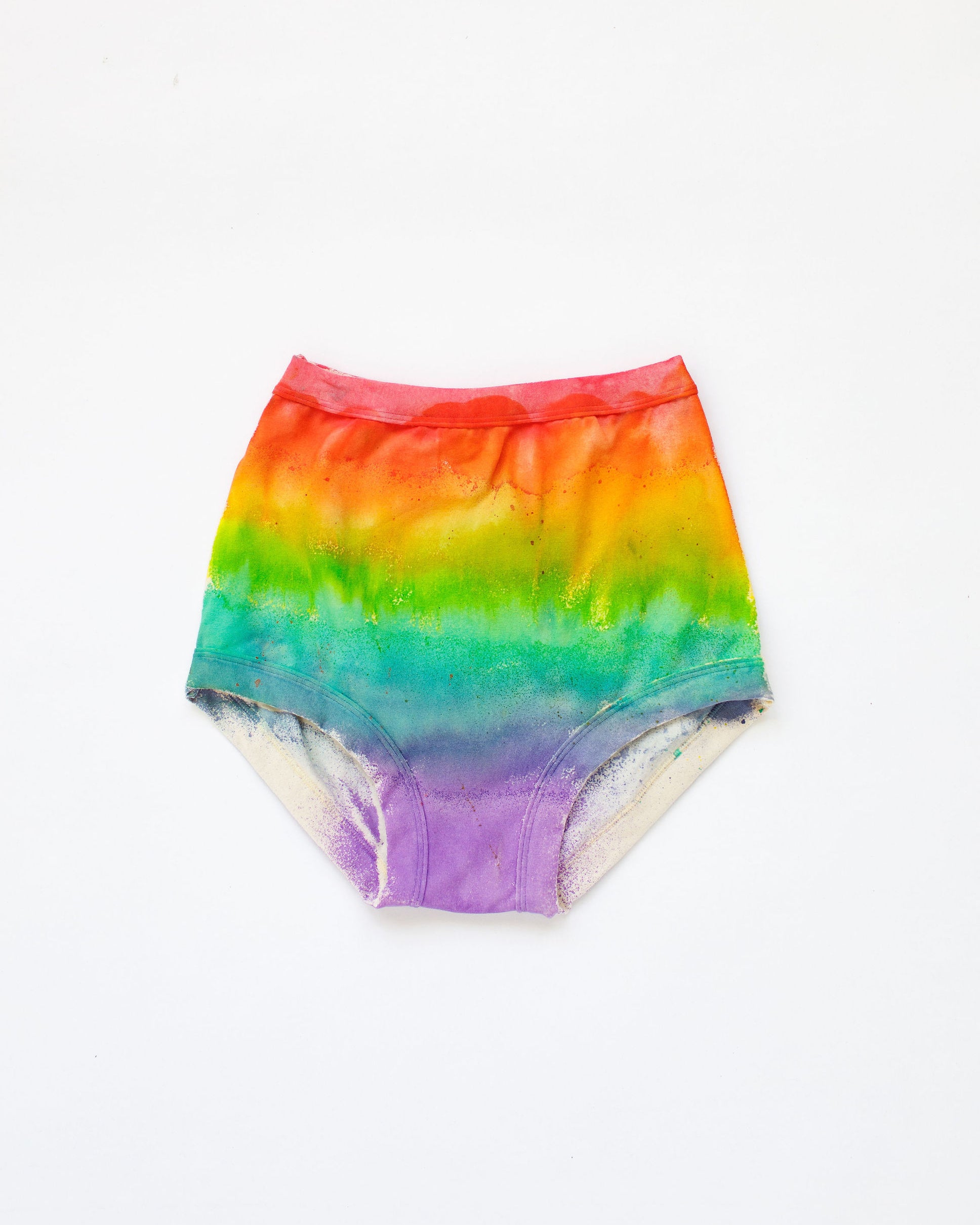 Flat lay of Thunderpants Sky Rise style underwear in Rainbow Hand Dye.