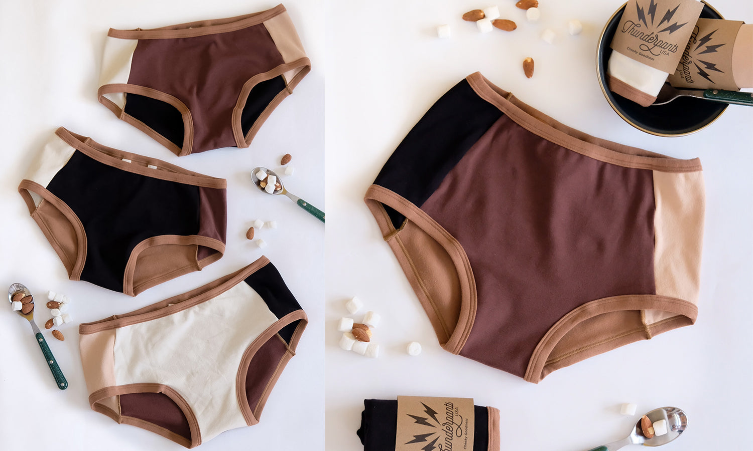Flat lay of Thunderpants Hipster and Original style underwear in Rocky Road Panel Pants - mix of neutral colors.