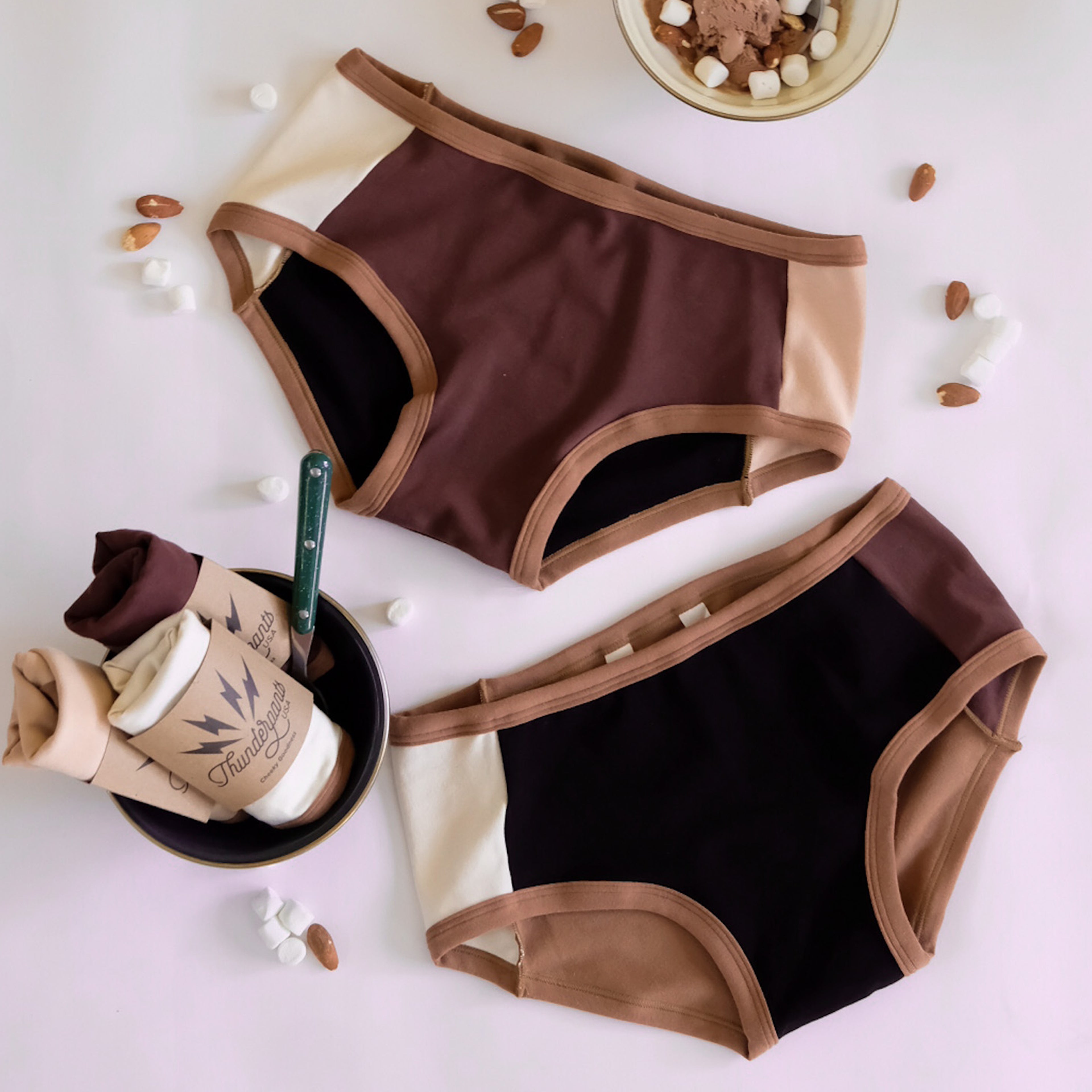Flat lay of Thunderpants Hipster style underwear in Rocky Road Panel Pants - mix of neutral colors.