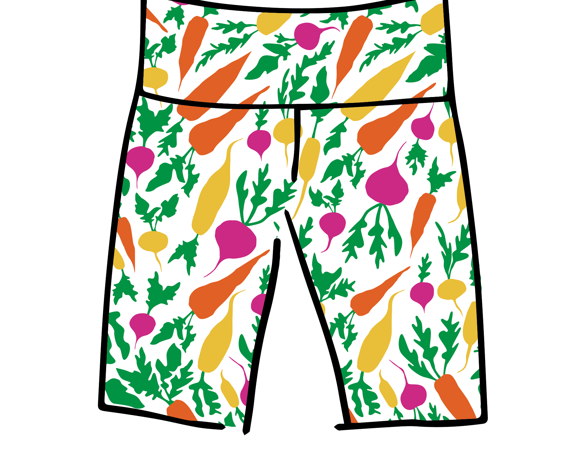 Drawing of Thunderpants Bike Shorts in Root Veggies print.