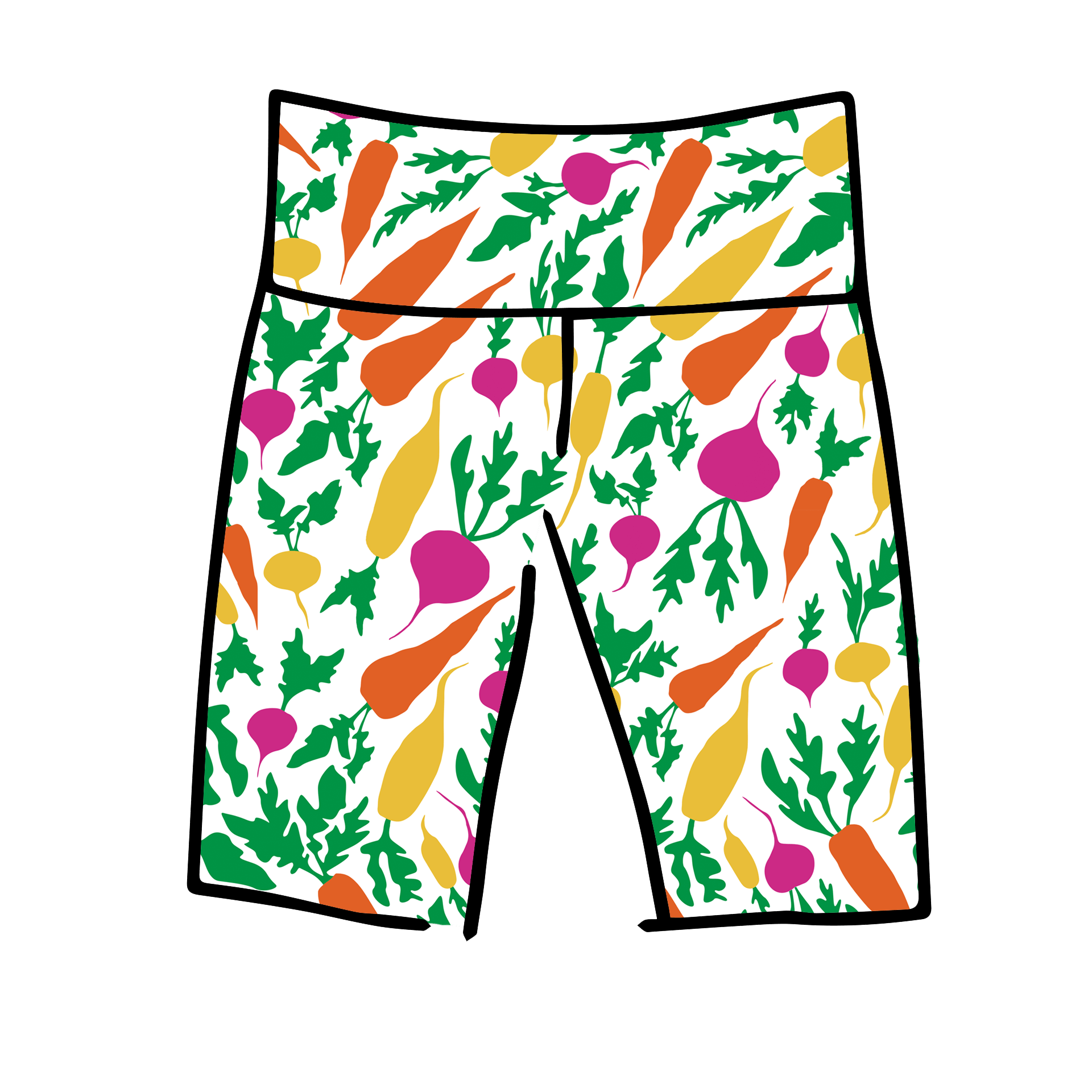 Drawing of Thunderpants Bike Shorts in Root Veggies print.