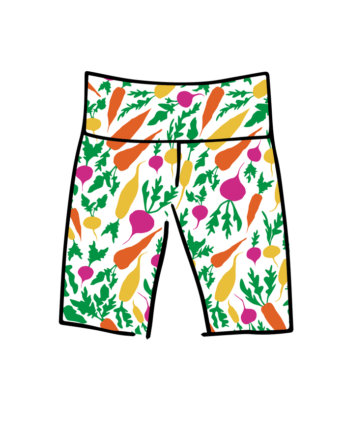 Drawing of Thunderpants Bike Shorts in Root Veggies print.