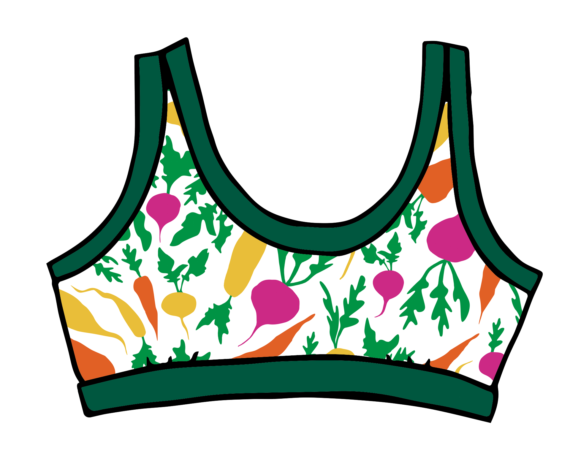 Drawing of Thunderpants Bralette in Root Veggies print.