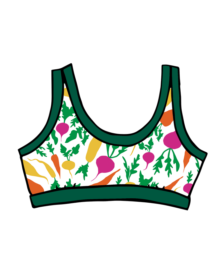 Drawing of Thunderpants Bralette in Root Veggies print.