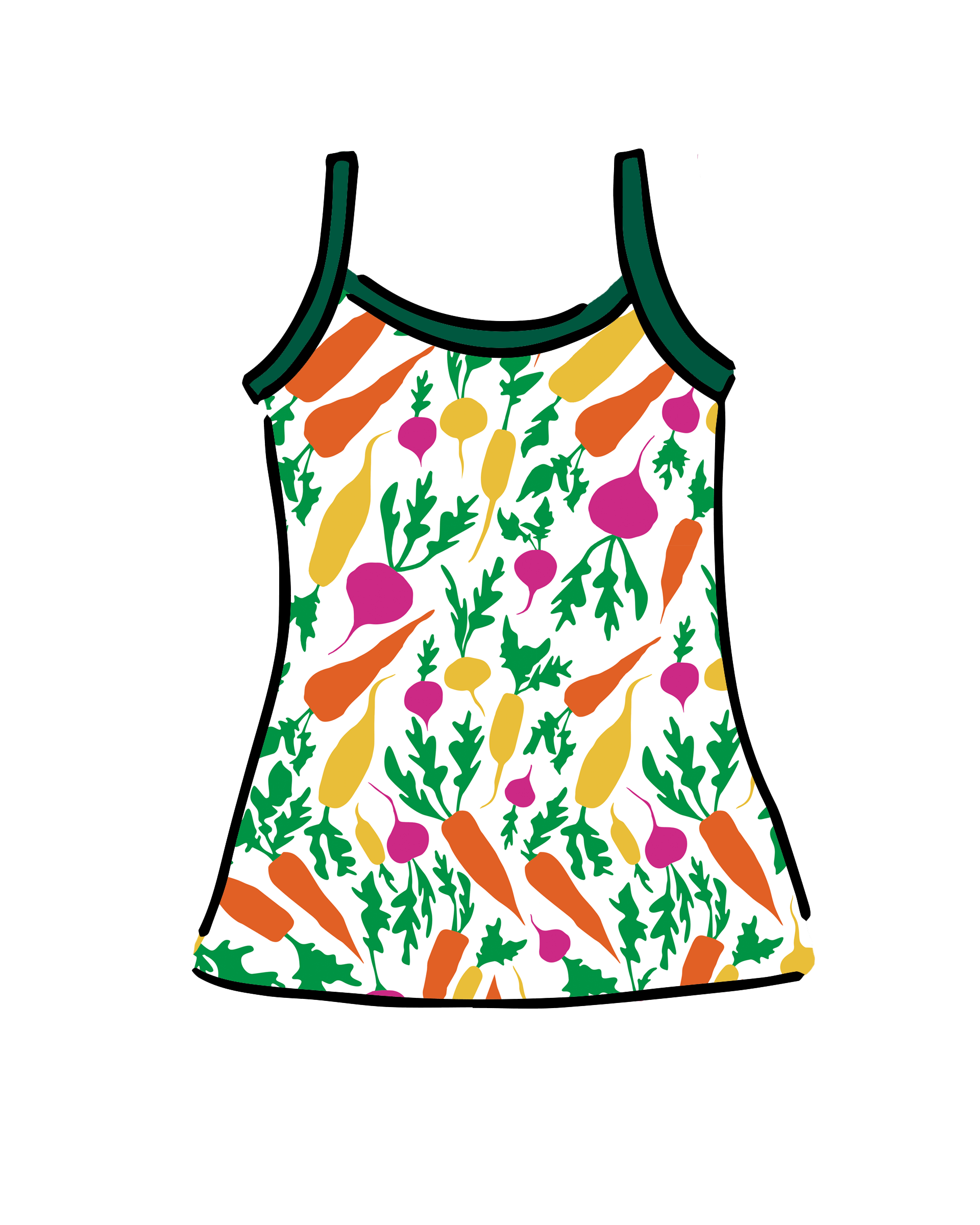 Drawing of Thunderpants Camisole in Root Veggies print.